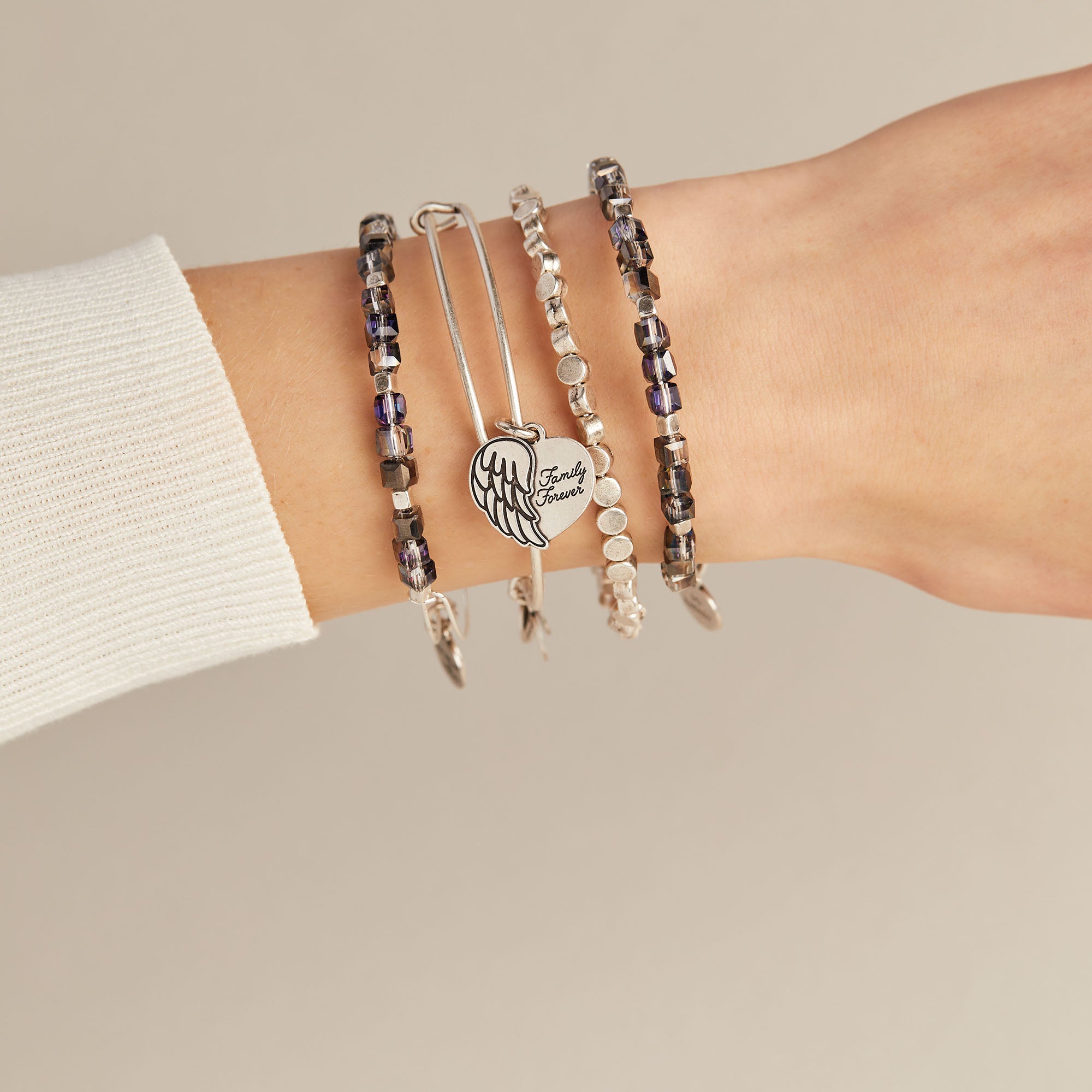 Family Forever Angel Wing Heart Charm Bangle - Sterling Silver Adjustable Bracelet for Women, Gift for Mom, Sister, Daughter - Perfect for Anniversaries, Birthdays & Valentine's Day