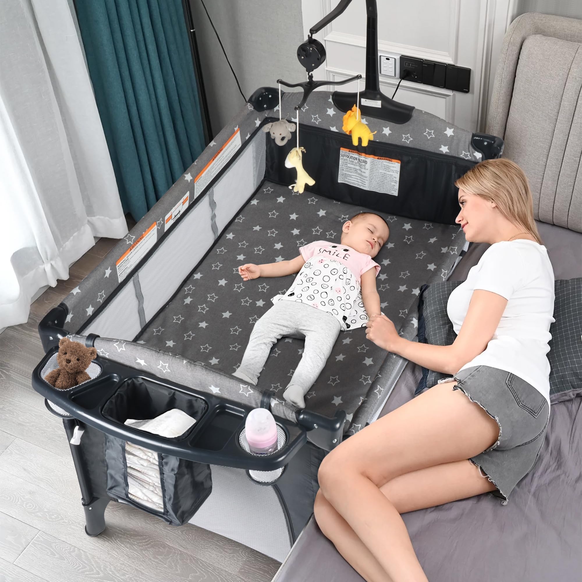 Portable 5-in-1 Baby Bassinet Bedside Crib with Mosquito Net, Mattress & Diaper Changer - Convertible Playpen for Newborns to Toddlers (0-24 Months) - Ideal for Nursery, Bedroom Co-Sleeping & Travel