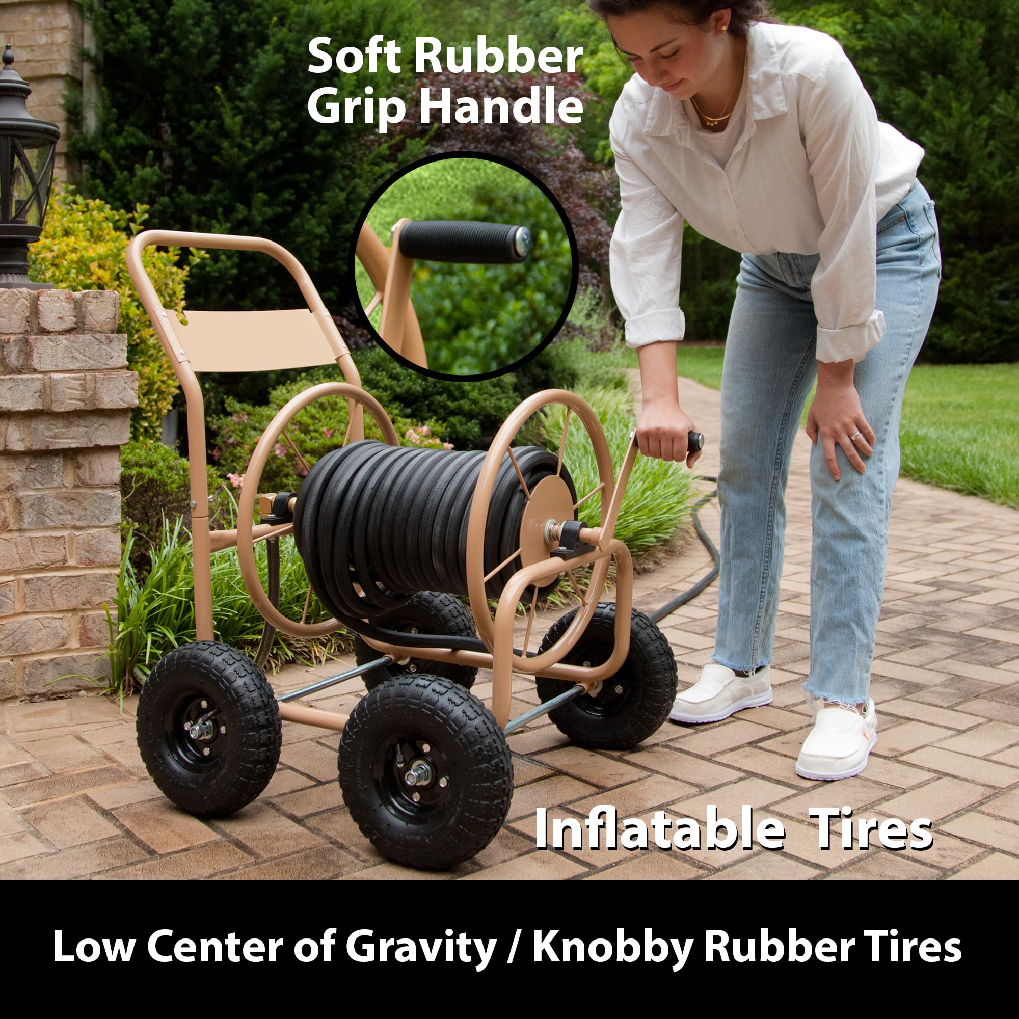 Liberty Garden Industrial 4 Wheel 300ft 0.625 Inch Heavy Duty Water Hose Reel Cart with Steel Frame - Perfect for Backyard, Garden, Lawn Irrigation & Outdoor Watering - Beige