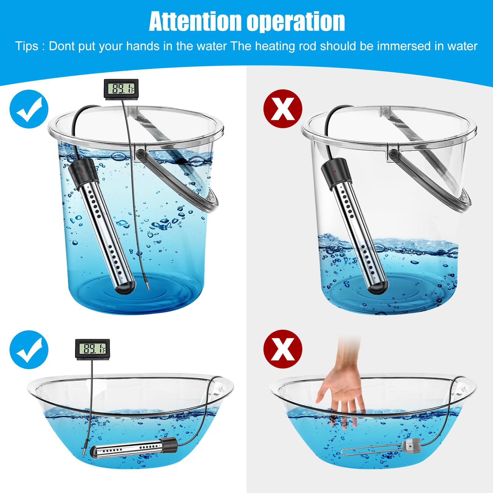 2000W 110V Portable Immersion Water Heater - Electric Pool & Bathtub Heater for Home, Outdoor, School Use | Fast Heating for Inflatable Pools, Basins & Bathrooms