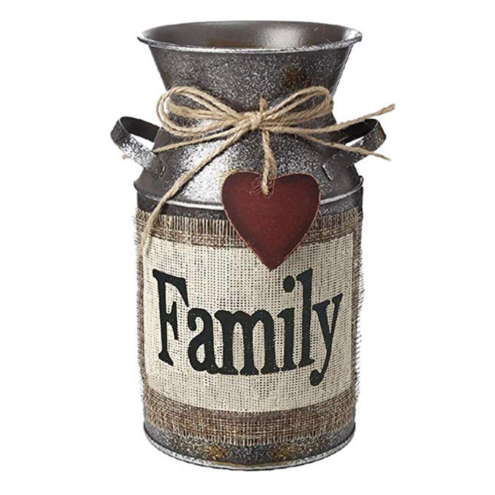 Vintage Shabby Chic Flower Vase with Greetings & Rope - Farmhouse Milk Can Jug Vase for Home Decor | Perfect for Rustic Weddings, Farmhouse Kitchens & Cozy Living Room Centerpieces