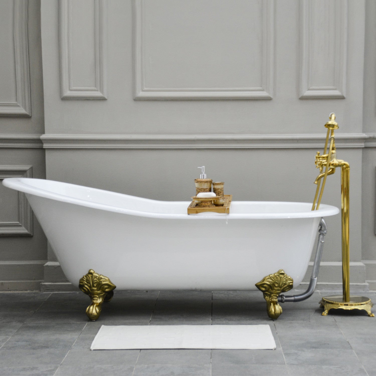 Aqua Eden 61 Inch White Oval Cast Iron Clawfoot Bathtub - No Faucet Drillings, Polished Brass Finish | Vintage Freestanding Soaking Tub for Bathroom Remodel & Spa Retreat