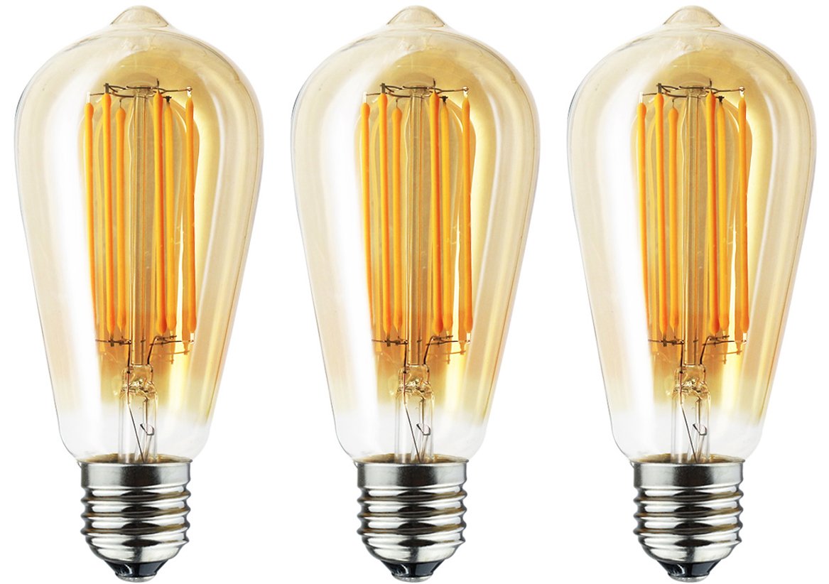 Vintage LED Edison Bulb ST64 - Amber Gilded Glass, 8W LED Filament Light Bulb, E26 Base, Warm White 2700K (80W Equivalent), Dimmable, 110-120V - Perfect for Restaurants, Cafes & Home Decor (Pack of 3)