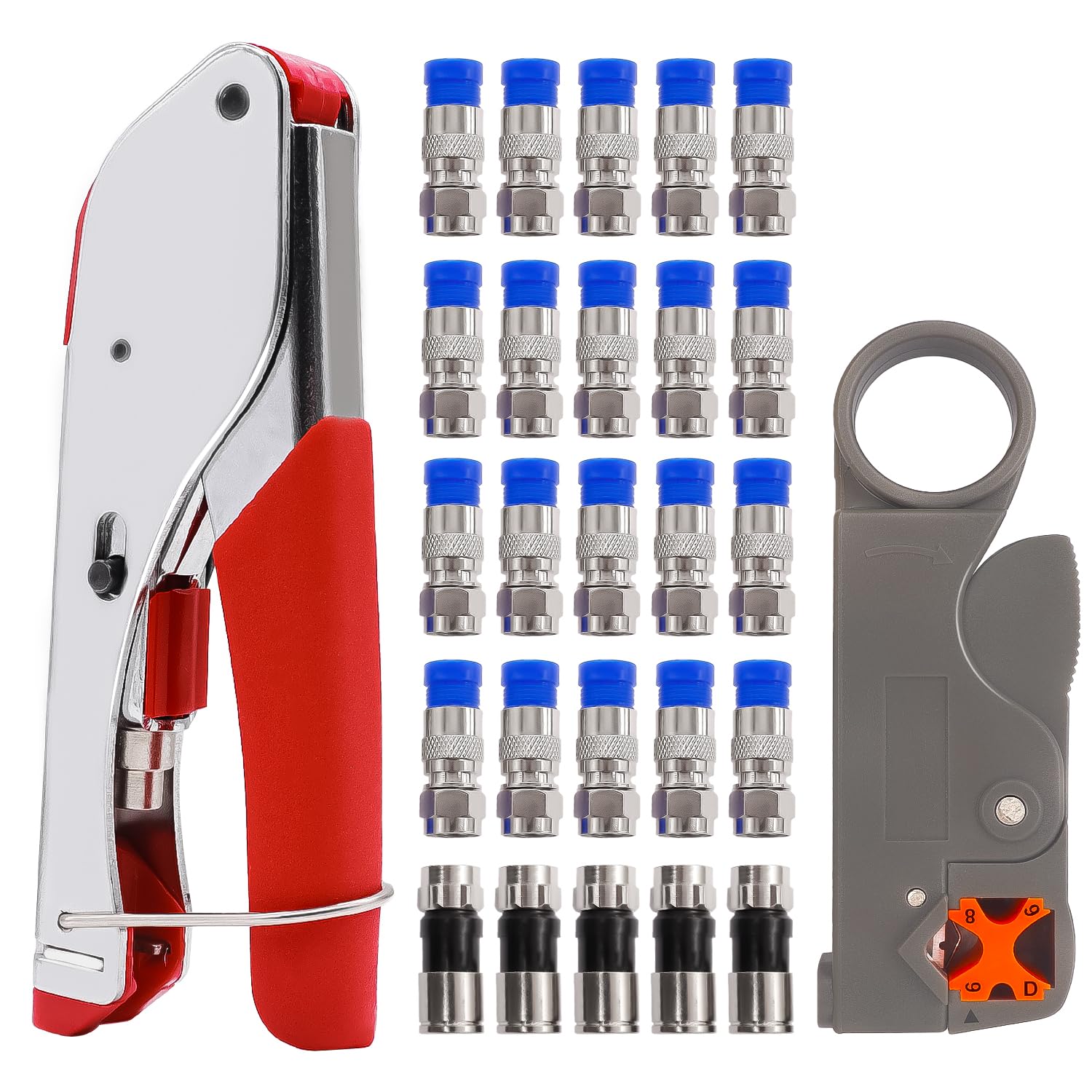 MXUTEUK RG59 RG6 Coaxial Cable Crimper Tool - Coaxial Compression Tool with Wire Stripper for RG6 & RG59 Cables - Includes 5PCS F Type RG6 Compression Connectors + 25PCS F Type RG6 Compression Connectors - Perfect for Cable TV, Satellite, Internet & CCTV Installations