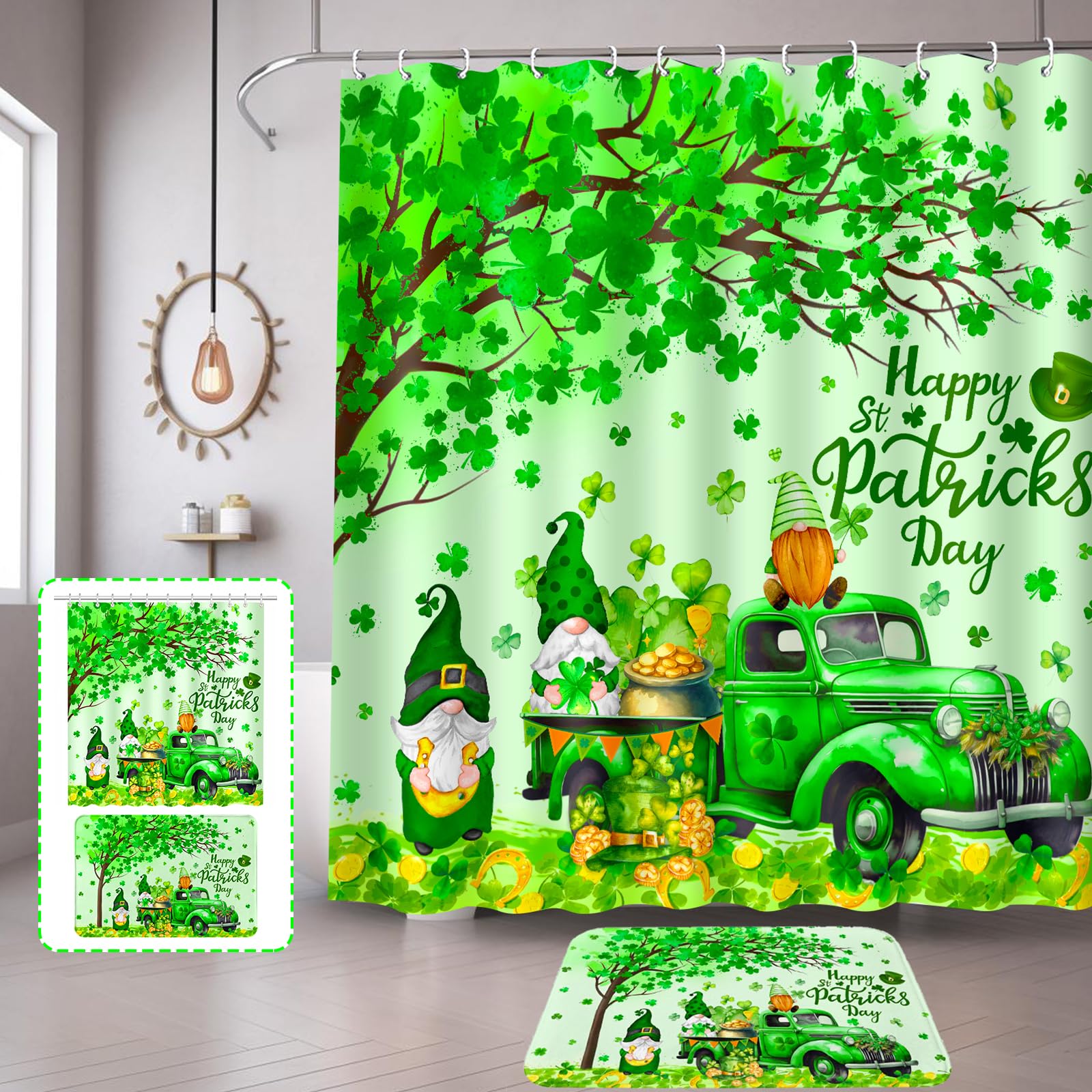 St. Patrick's Day Shower Curtain Set with Hooks & Bath Mat - Irish Gnome Themed Bathroom Decor for St. Paddy's Day Celebration - Perfect for Holiday Bathroom Makeover & Leprechaun Party Decorations