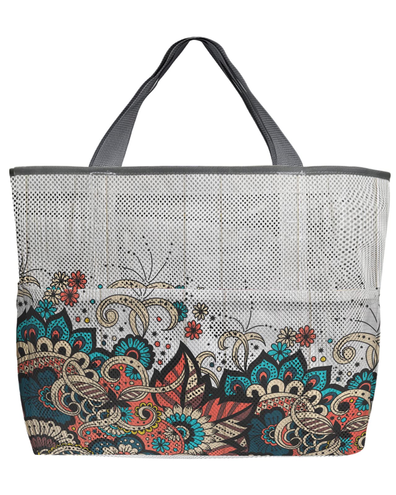 Mandala Floral Mesh Beach Tote Bag - 60L Oversized Quick-Dry Swim Bag with Pockets | Foldable Lightweight Wood Grain Design for Beach, Pool, Grocery Shopping & Storage | 24
