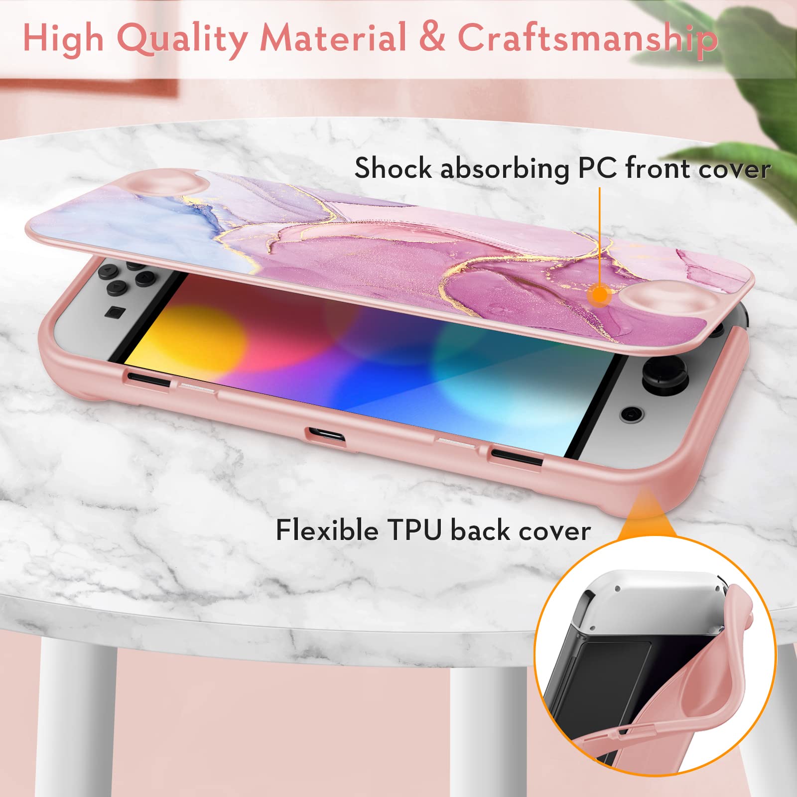 Fintie Flip Case for Nintendo Switch OLED Model 2021 - Slim Protective Soft TPU Shell with Magnetically Detachable Front Cover & Ergonomic Grip | Screen Safe Design | Dreamy Marble | Perfect for Travel, Gaming On-The-Go & Home Entertainment