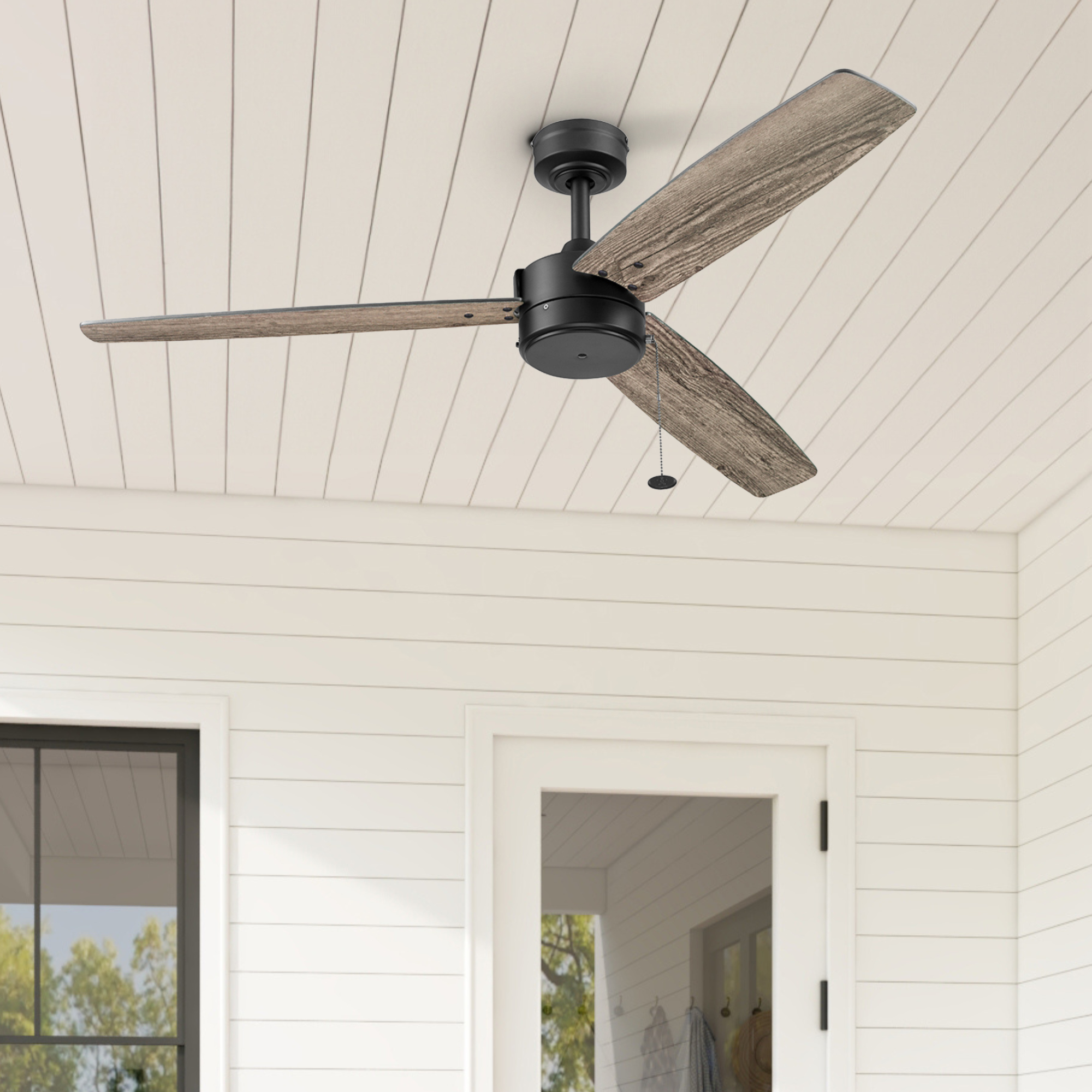 52 Inch Matte Black Ceiling Fan with Pull Chain - Indoor/Outdoor Use for Living Room, Bedroom, Patio & Covered Porch