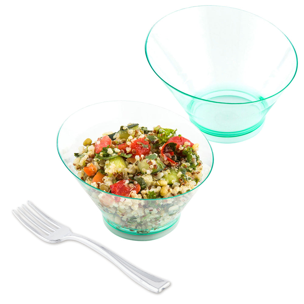 100 Pack 7 oz Round Seagreen Plastic Incline Bowls with 100 Silver Plastic Mini Forks - Perfect for Party Serving, Picnics, and Catering Events