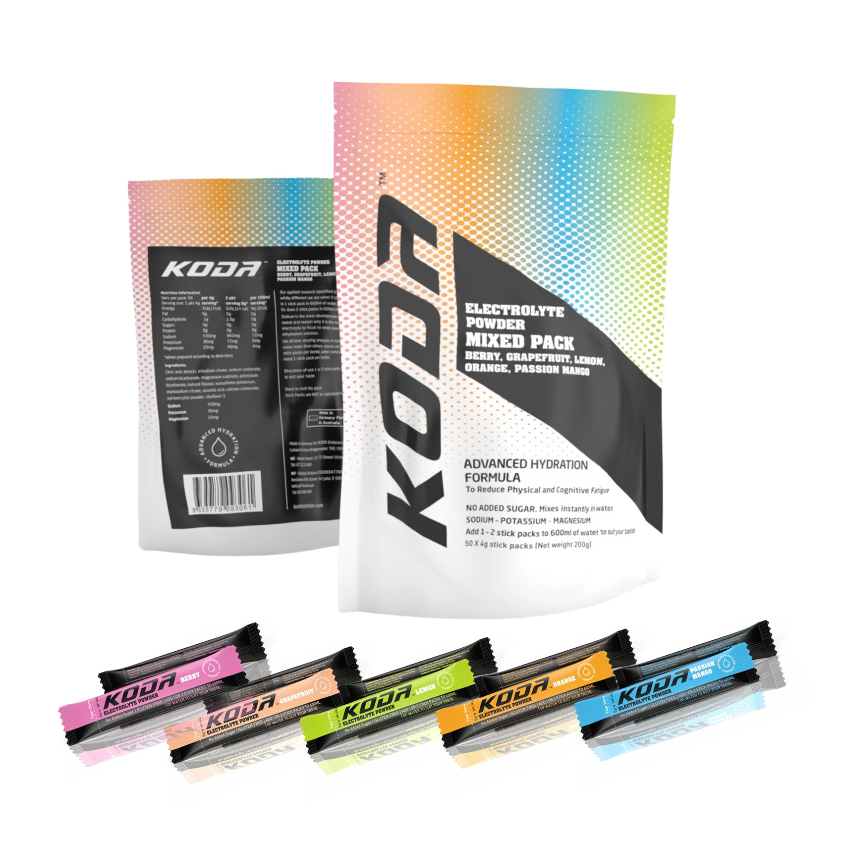 KODA Electrolyte Hydration Powder Sticks - 50 Pack | Fast-Absorbing Electrolyte Replenishment for Athletes, Workouts & Travel | Sugar-Free Energy Boost