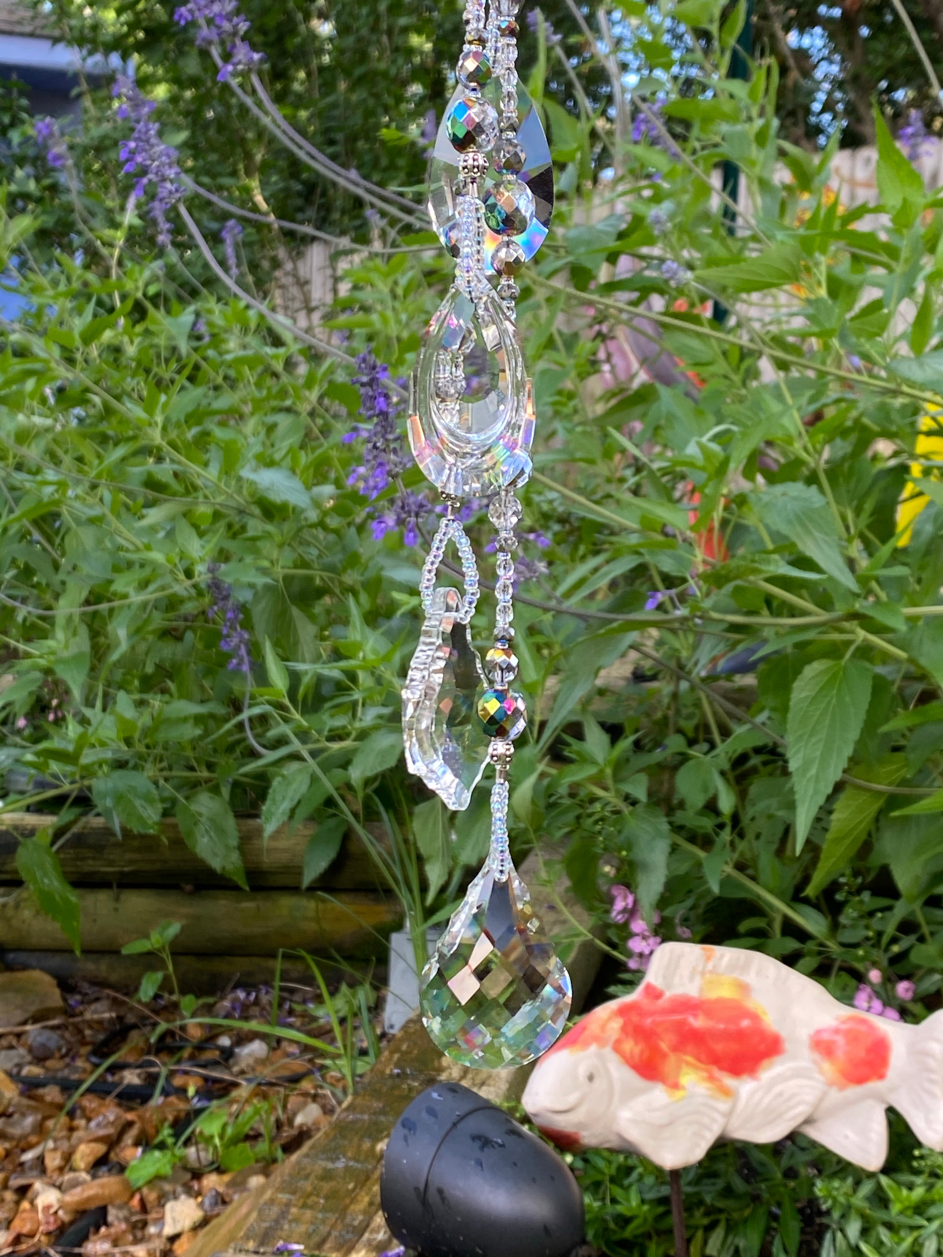 Handmade Crystal Garden Art - Decorative Water Pitcher with Beaded Accents for Outdoor Decor, Zen Garden, Patio & Backyard Landscaping