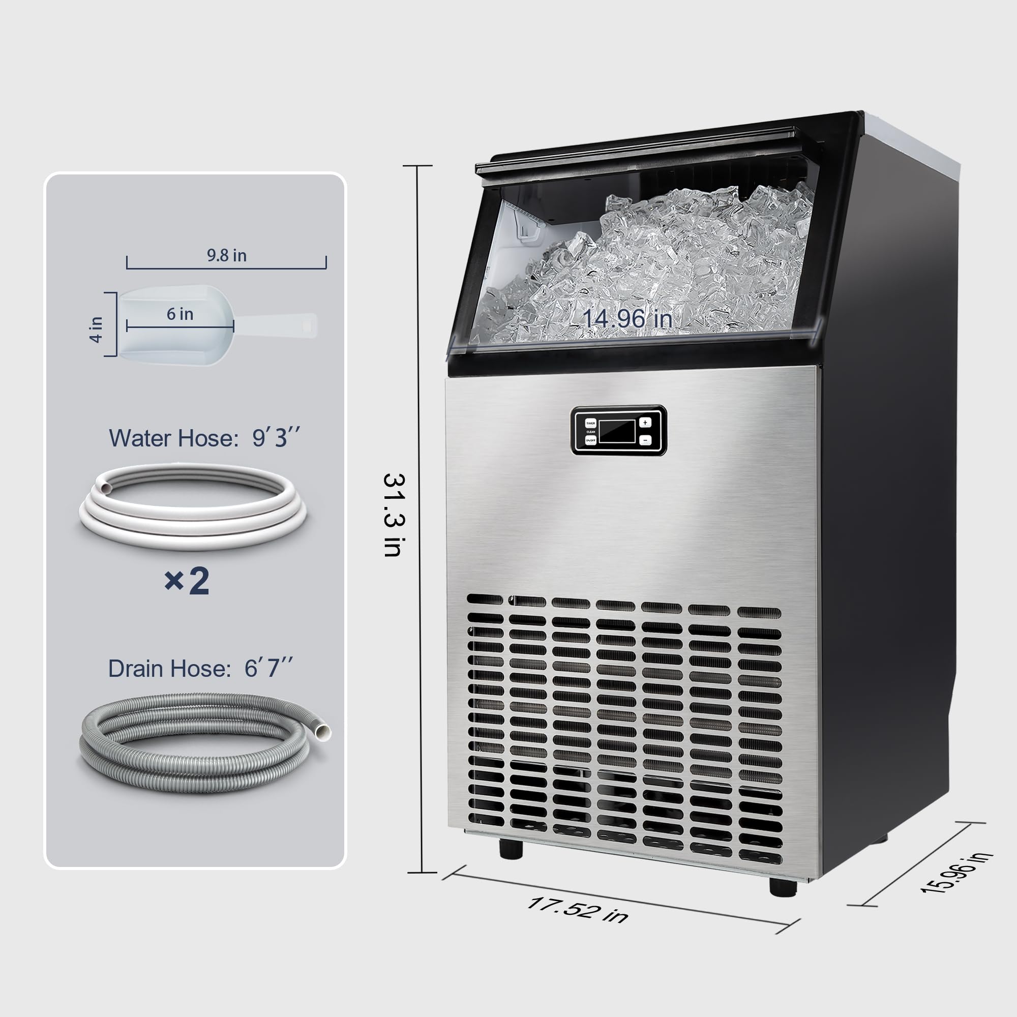Commercial Ice Maker Machine 100lbs/Day, Under Counter Stainless Steel Ice Maker with Self-Cleaning & Timer, 33lbs Storage - Perfect for Home, Bar, Restaurant, RV, Office, and Outdoor Events