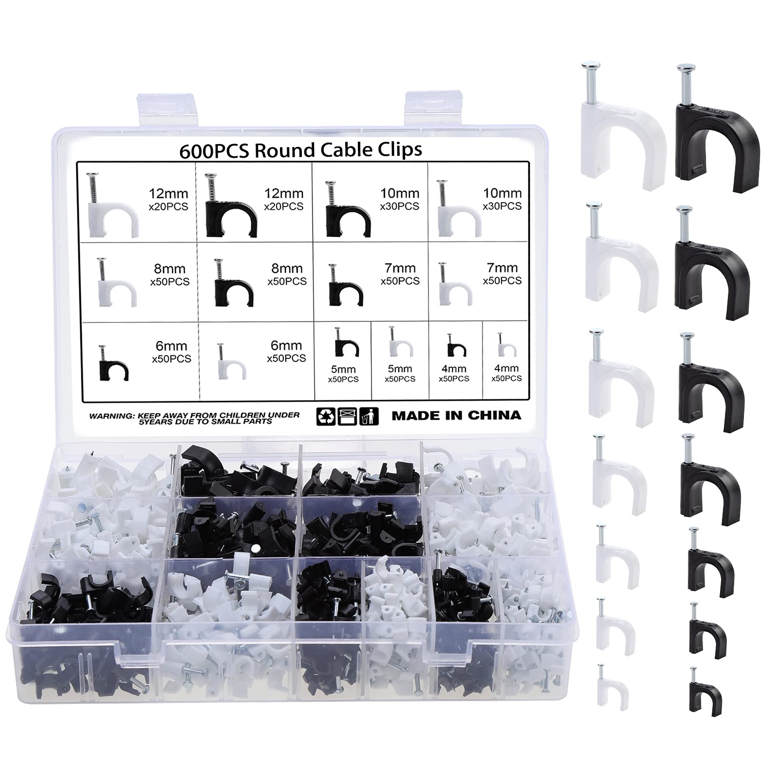 Fippy 600 Pack Round Coaxial Cable Clips 4mm 5mm 6mm 7mm 8mm 10mm 12mm for Nail Cable, RG6, RG59, CAT6, RJ45 & Other Cables - Perfect for Home Theater, CCTV & Network Cable Management