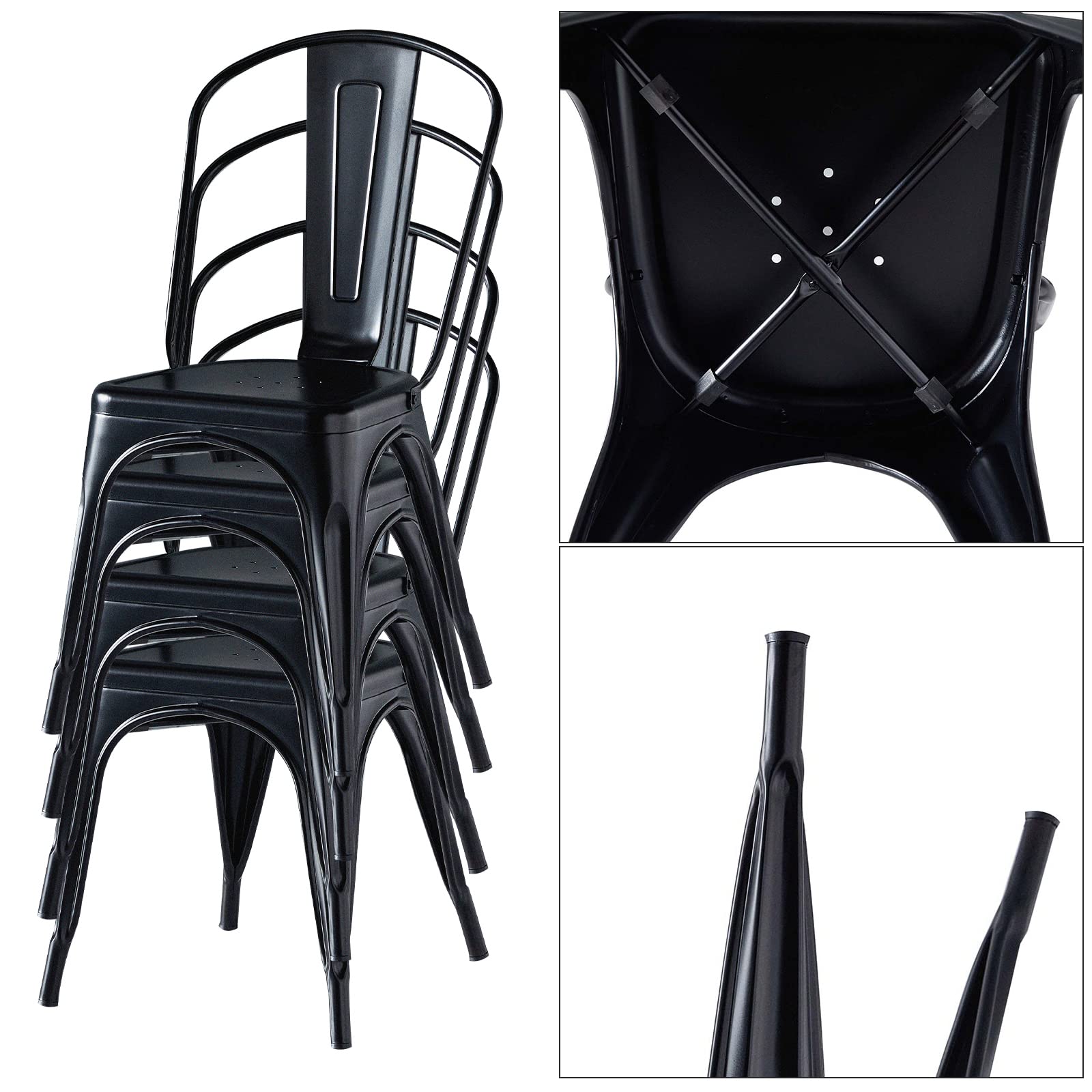 Hironpal 4-Pack Stackable Metal Dining Chairs with Detachable Backrest - Matte Black Tolix Style Chairs for Kitchen, Dining Room, Bistro & Cafe | Indoor & Outdoor Use, Commercial & Home Decor