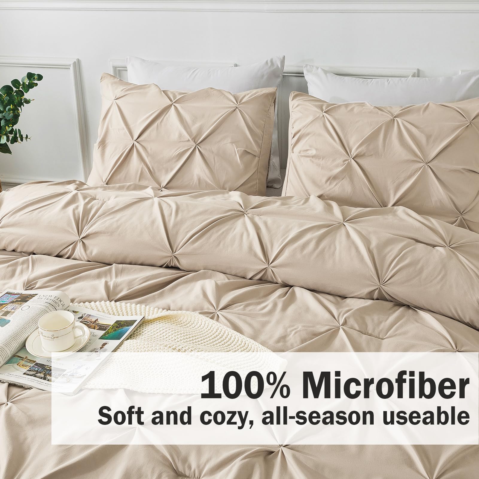 Andency Khaki Pinch Pleat Comforter Set Twin Size 66x90 Inch - 2 Piece Microfiber All Season Down Alternative Bedding (Comforter + Pillowcase) - Soft Pintuck Design for Cozy Bedroom Decor & Guest Room Essentials