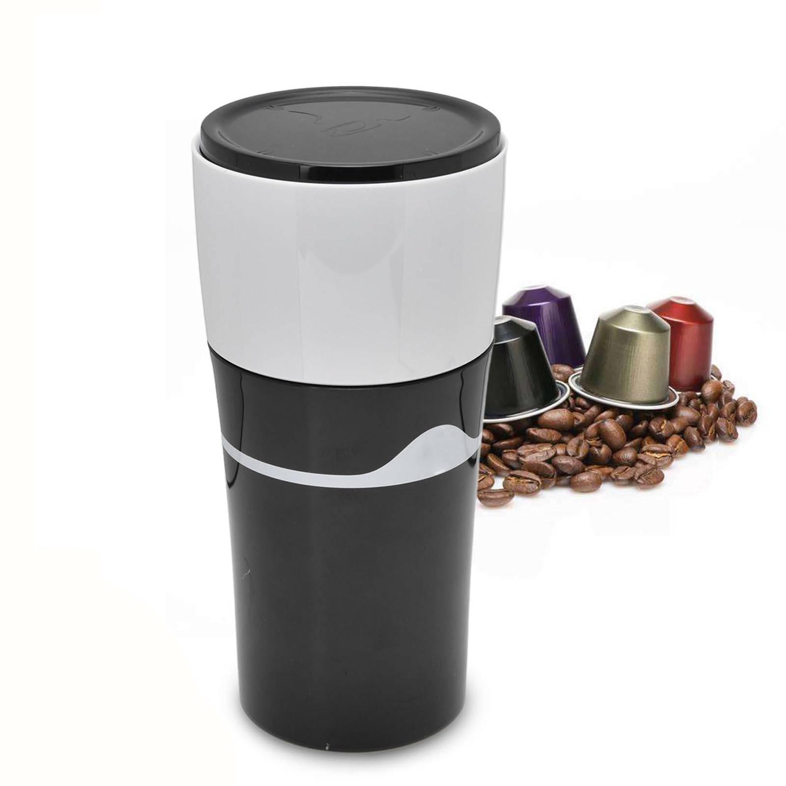Portable Drip Coffee Maker for Travel - Reusable K Cup Compatible Coffee Machine with Capsules, Lightweight Camping Coffee Brewer for Outdoor, Office & Home Use (Black & White)