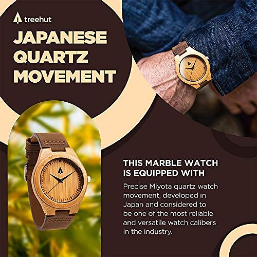 Treehut Men's Wooden Bamboo Watch with Japanese Quartz Movement - Stylish Exotic Wooden Wristwatch with Brown Leather Strap - Perfect for Casual, Business & Outdoor Activities