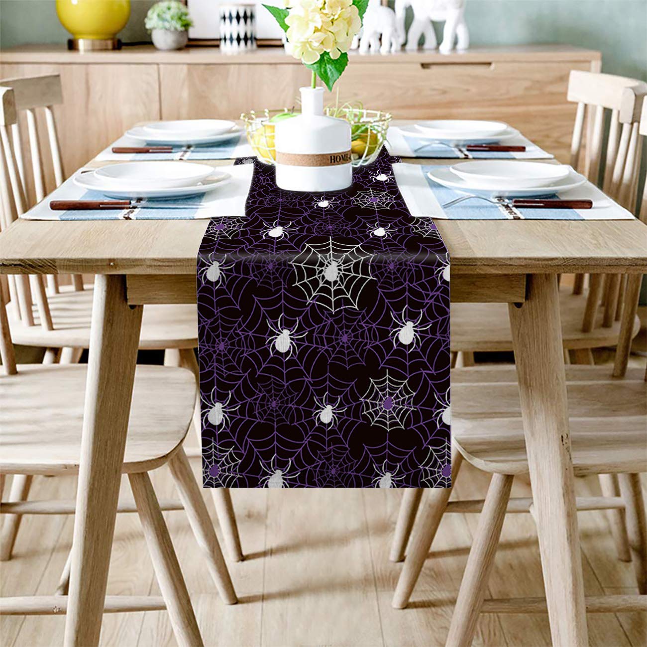 Halloween Purple Light Spider Web Table Runner - 13x48 Inches Long, Washable Non-Slip Rectangle Dining Table Decor for Farmhouse, Party & Holiday Dinner | Perfect for Halloween Decorations, Thanksgiving Table Setting & Christmas Dining Decor
