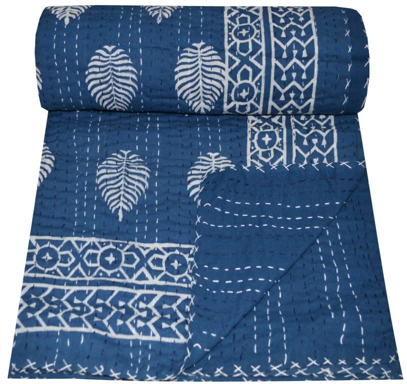 Handmade Indian Block Print Kantha Quilt - Queen Size 90x108 Inch Blue Cotton Throw Blanket & Bedspread for Cozy Home Decor, Boho Bedroom, and Gift Giving