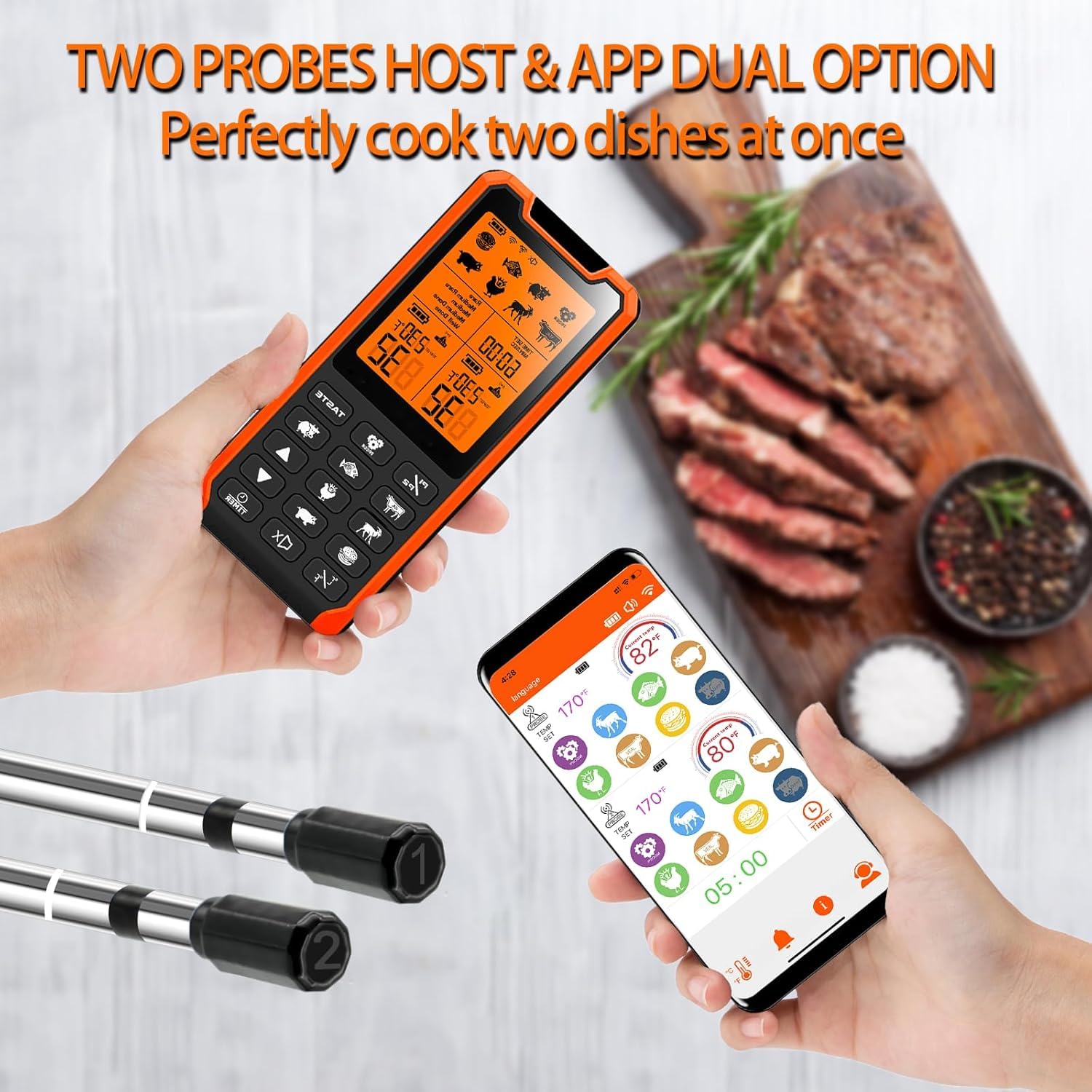 Smart Bluetooth Meat Thermometer with Dual Probes - Wireless Digital Food Thermometer for BBQ, Grilling, Oven, Smoker & Air Fryer | Perfect for Outdoor Cooking, Home Kitchen & Professional Chefs