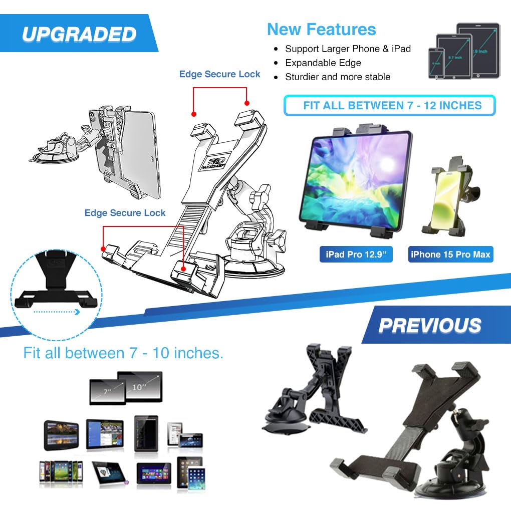Randconcept 3-in-1 Heavy Duty Car Dashboard Tablet Holder - Universal Windshield Suction Cup & Air Vent Mount for iPad Pro, iPad Mini, Galaxy Tab (6