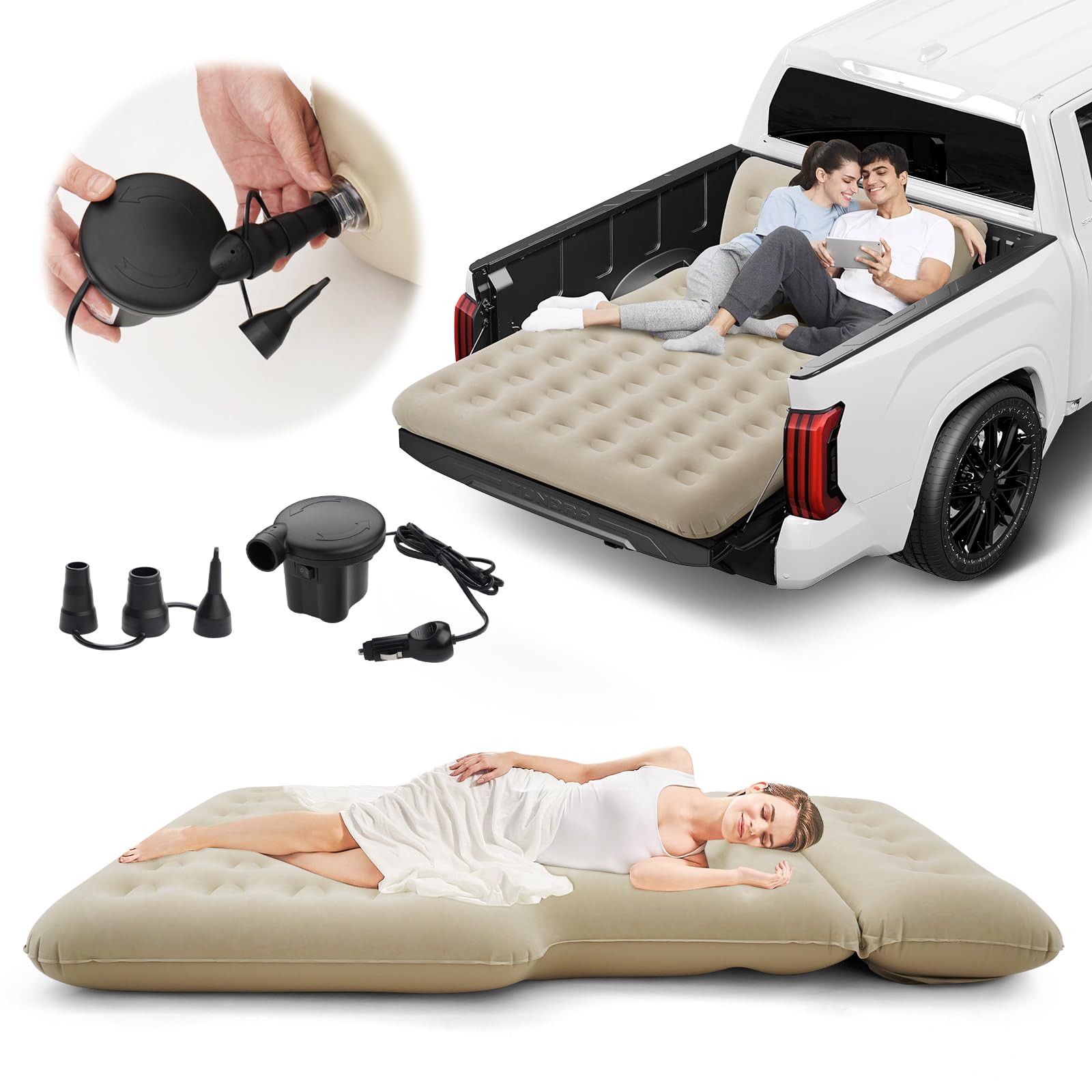 2025 Upgraded Truck Bed Air Mattress for 5.5-6.5Ft Full-Size Trucks | Inflatable Mattress with Built-in Pillow | Adjustable Camping Air Bed for Short Truck Beds | Perfect for Outdoor Adventures, Road Trips & Home Use (Beige)