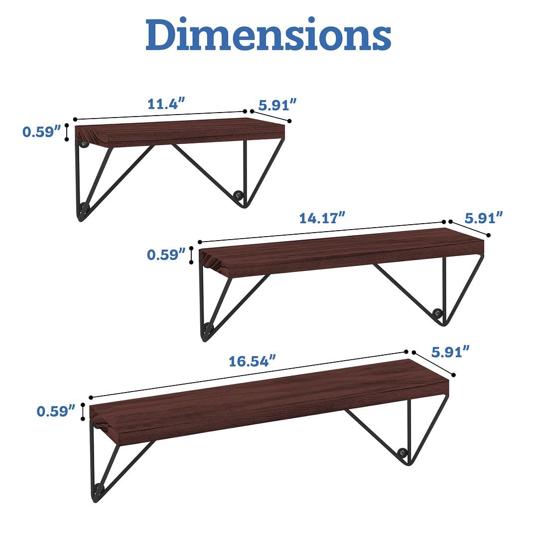 **Rustic Floating Wall Shelves Set of 3 - Dark Brown with Prism Brackets for Bedroom, Living Room, Kitchen & Bathroom Décor | Wall Mounted Bookshelves & Storage Shelves for Home Organization**    *(Perfect for displaying books, plants, photos, and décor in any room!)*