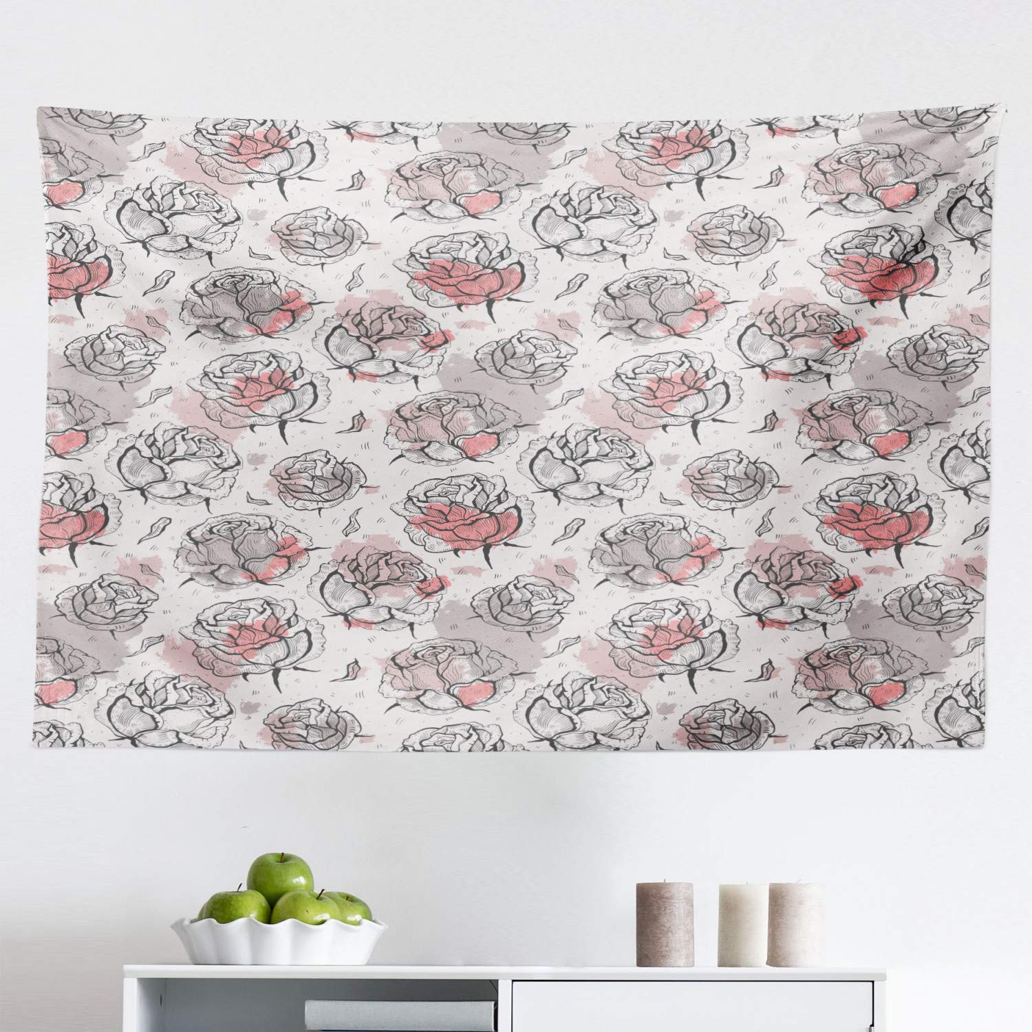 Ambesonne Rose Tapestry Wall Hanging - Romantic Floral Design with Pastel Paint Blots, 45x30 Inch Fabric Decor for Bedroom, Living Room, Dorm (Pale Rose Coral Grey) | Perfect for Boho Home Decor, Wedding Backdrop & Instagram Photo Background
