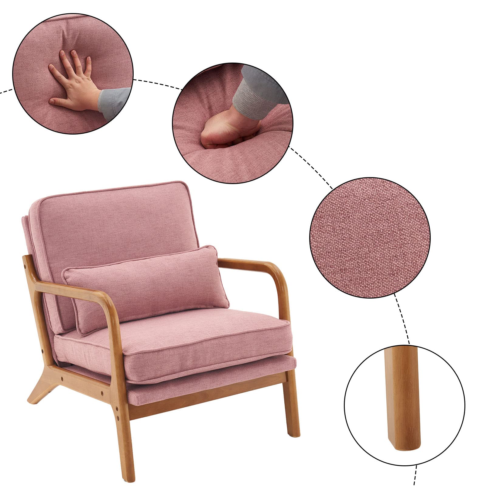 VINGLI Set of 2 Mid Century Modern Accent Chairs - Pink Linen Upholstered Lounge Armchairs with Wooden Legs for Living Room, Bedroom & Reading Nook - Cozy Comfortable Seating for Adults (Perfect for Relaxing, Reading & Home Decor)