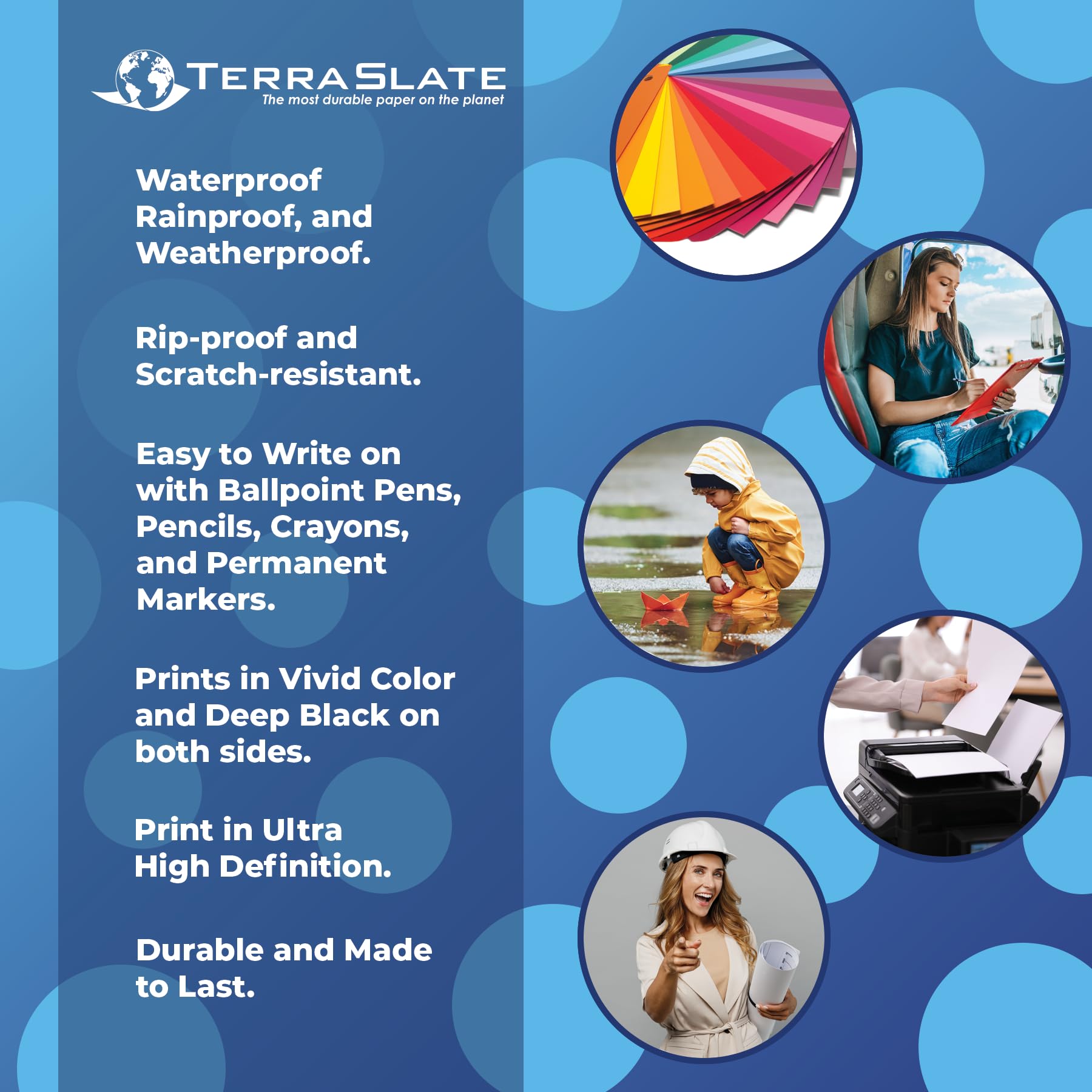 TerraSlate Premium Waterproof Paper - 5 MIL 8.5” x 11” White Laser Printer Paper, 100 Sheets - Weatherproof & Tear-Resistant Copy Paper for Outdoor Use, Rainproof Documents, Marine Charts & Construction Plans
