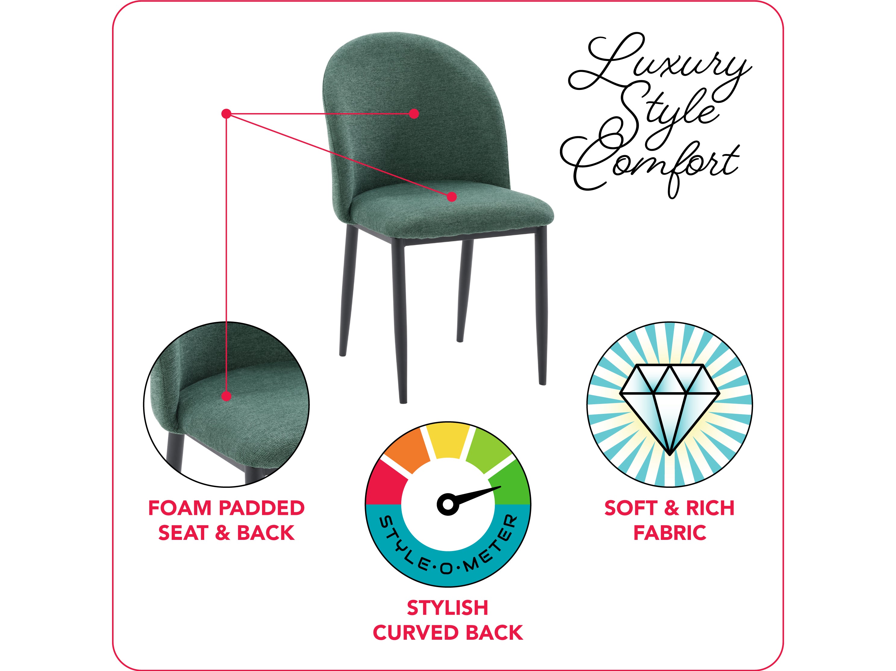 Dark Green Curved Dining Chairs Set of 2 - Modern Velvet Upholstered Kitchen Chairs with Wooden Legs for Dining Room, Restaurant, or Cafe