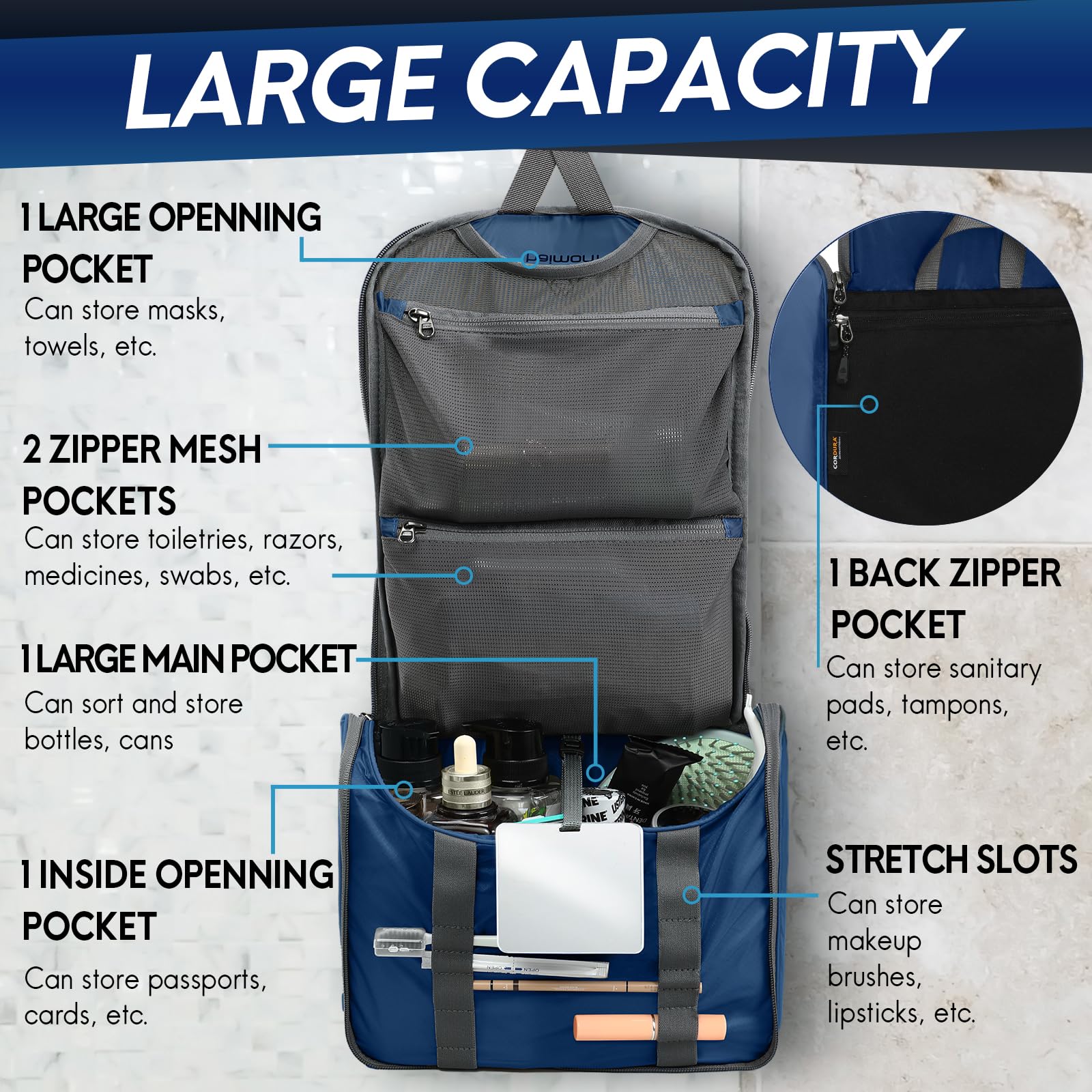 Haimont Travel Toiletry Bag with Mirror - Water-Resistant Nylon Hanging Organizer for Makeup & Toiletries | Perfect for Camping, Business Trips & Light Travel Accessories (Blue)