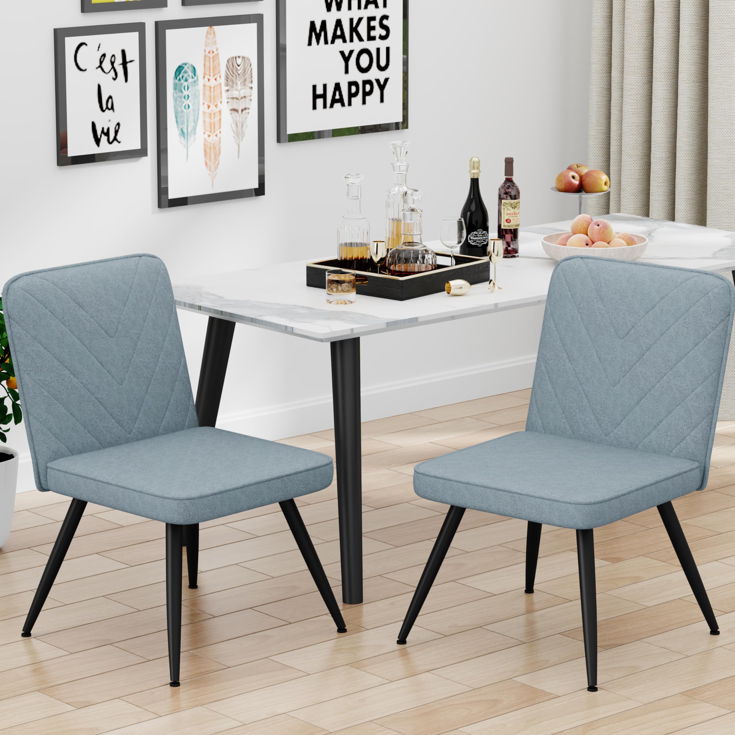 Modern Blue Fabric Armless Dining Chairs Set of 2 with Metal Legs - Perfect for Kitchen Tables, Home Desks, and Small Dining Rooms