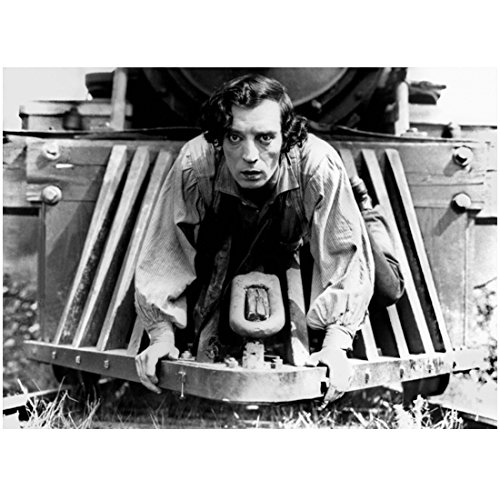 Vintage Buster Keaton 8x10 Inch Black & White Photo - Classic Silent Film Actor Holding Train Front - Perfect for Movie Memorabilia Collectors & Home Theater Decor