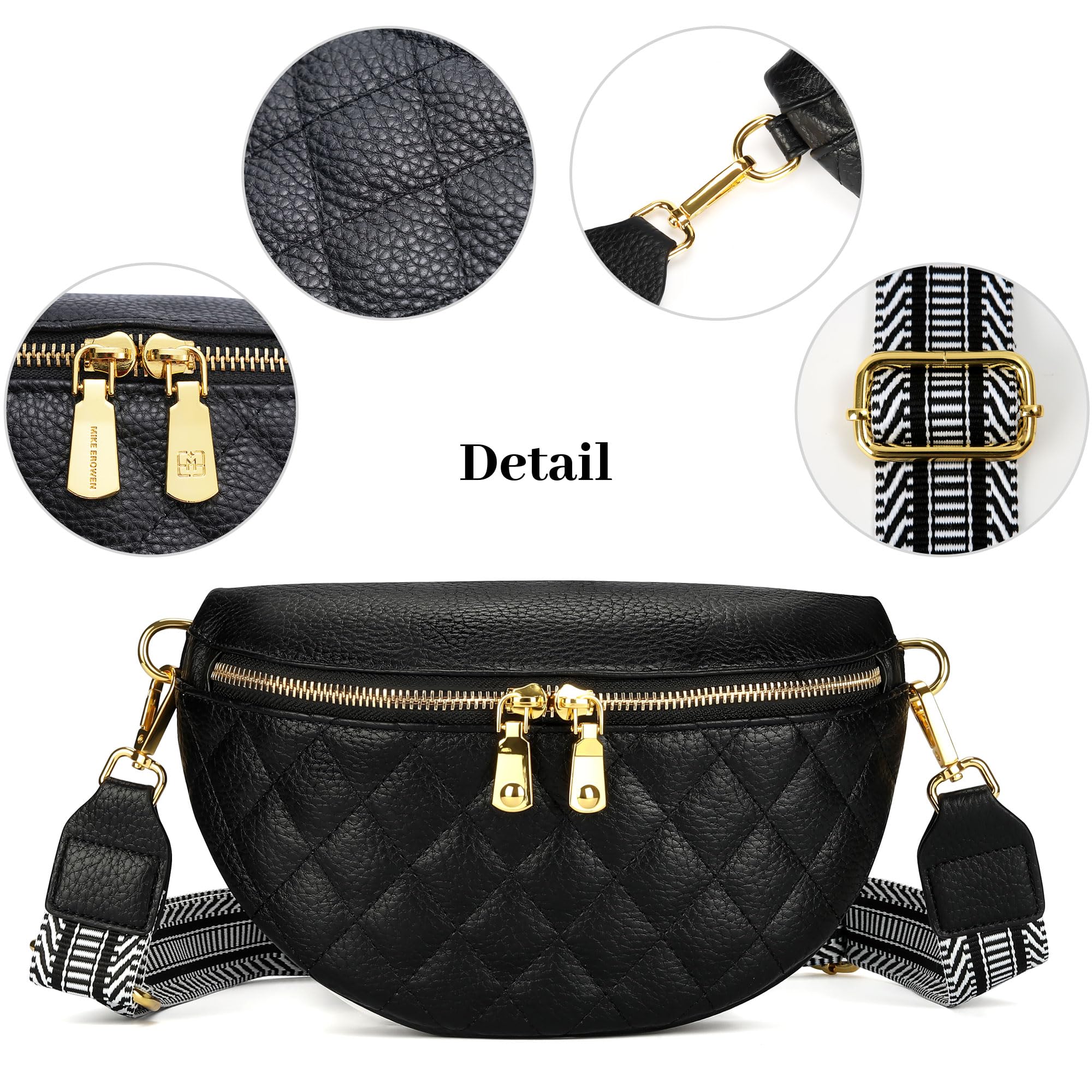 Women's Anti-Theft Leather Quilted Belt Bag with Removable Strap - Stylish Fanny Pack for Travel, Running & Everyday Use (Black)