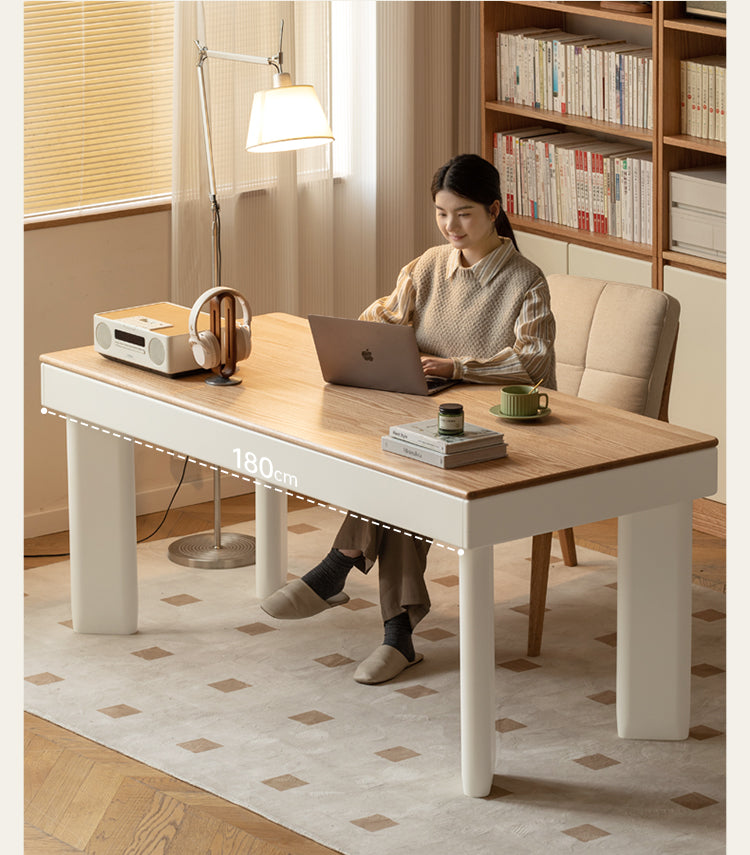 Modern Cream Oak & Poplar Solid Wood Computer Desk with Drawer - Home Office Workstation for Study, Gaming & Remote Work