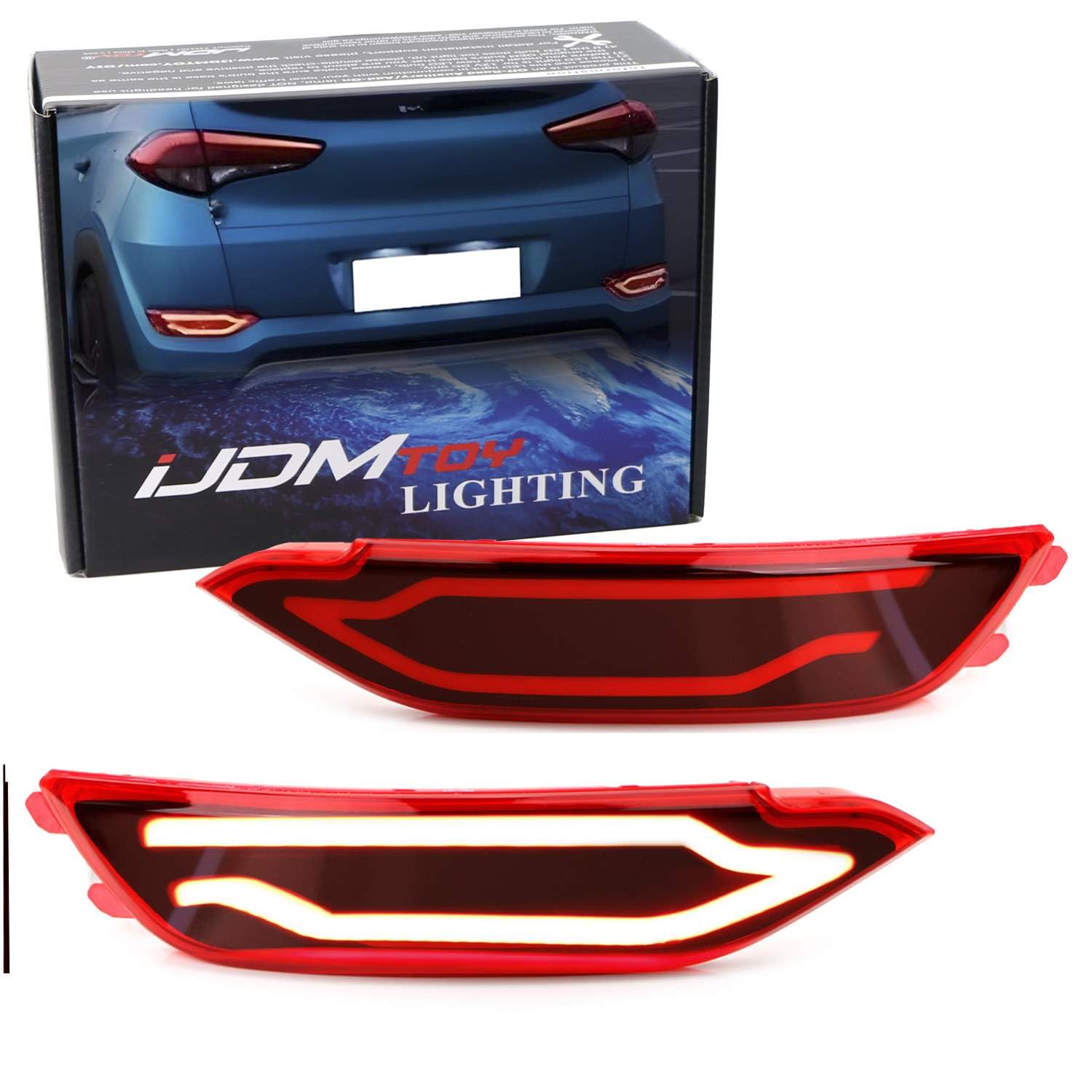 iJDMTOY JSR Style Red LED Bumper reflector lights - Compatible with 2016-2021 Hyundai Tucson IX35 - Tail lights, Brake lights & Rear fog lamps - Upgrade your car's rear lighting for enhanced safety and style