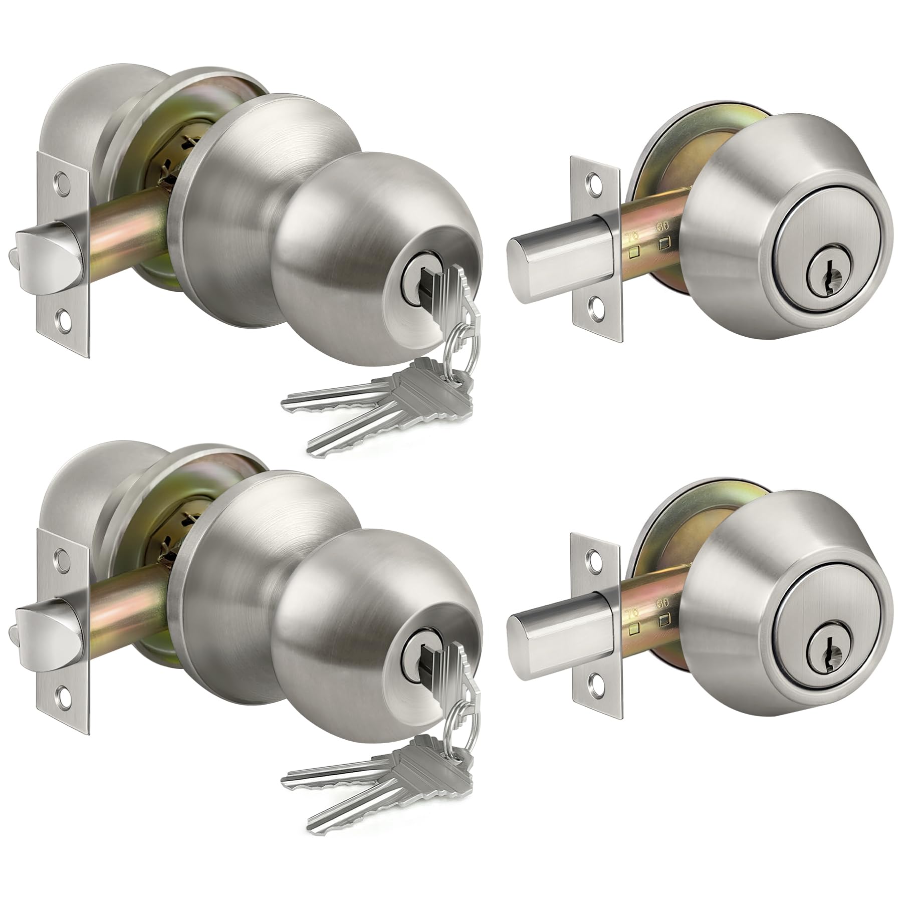 BESTTEN 2-Pack Keyed Alike Exterior Door Knob and Deadbolt Combo Set - Satin Nickel Finish for Enhanced Home Security | Perfect for Front Doors, Entryways & Patio Access