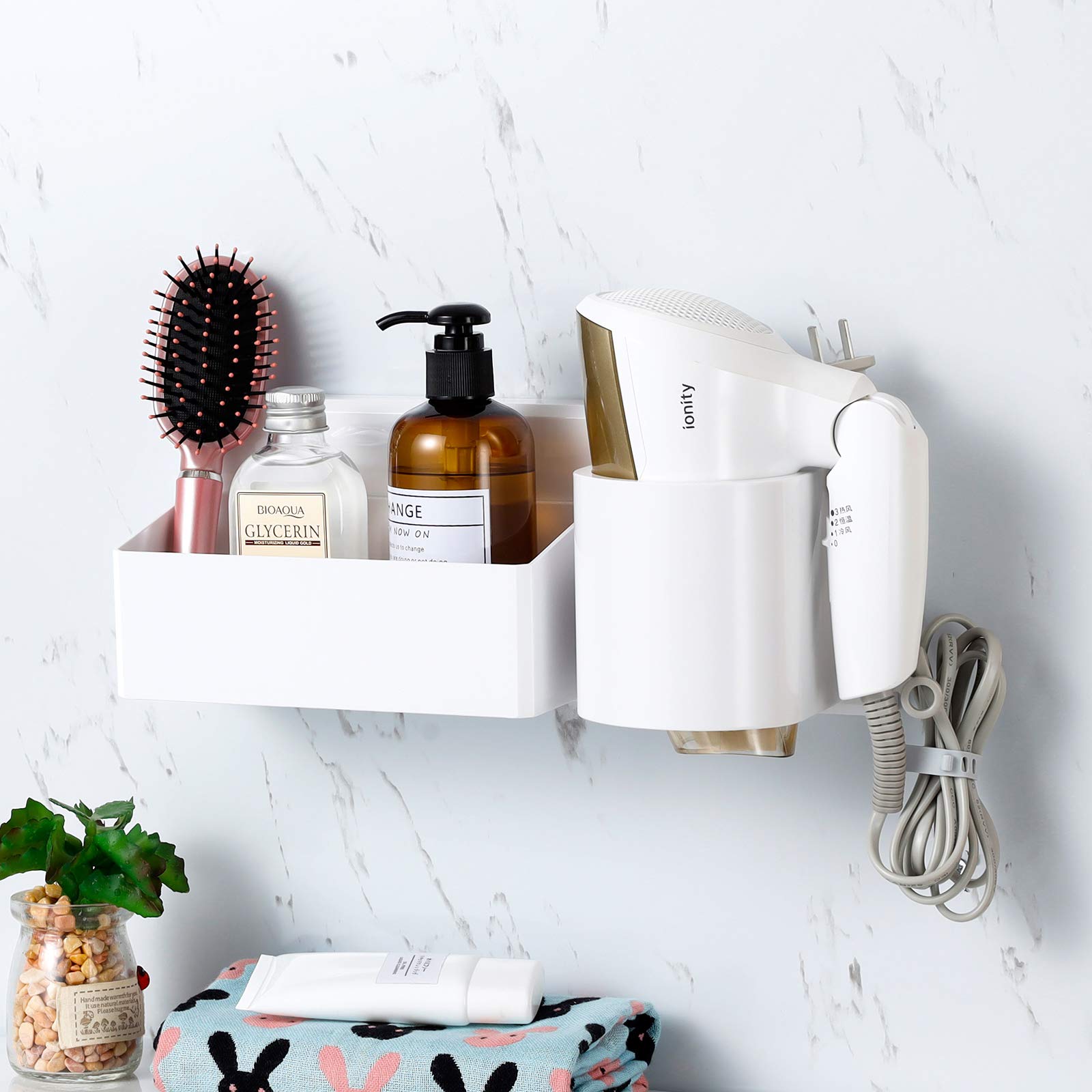 SUNSEALIVING Wall Mounted Hair Dryer Holder with Basket - Bathroom Organizer for Blow Dryer, Styling Tools & Shower Accessories - Adhesive Counter Storage for Hair Care Essentials (Perfect for Small Spaces & Clutter-Free Vanity)