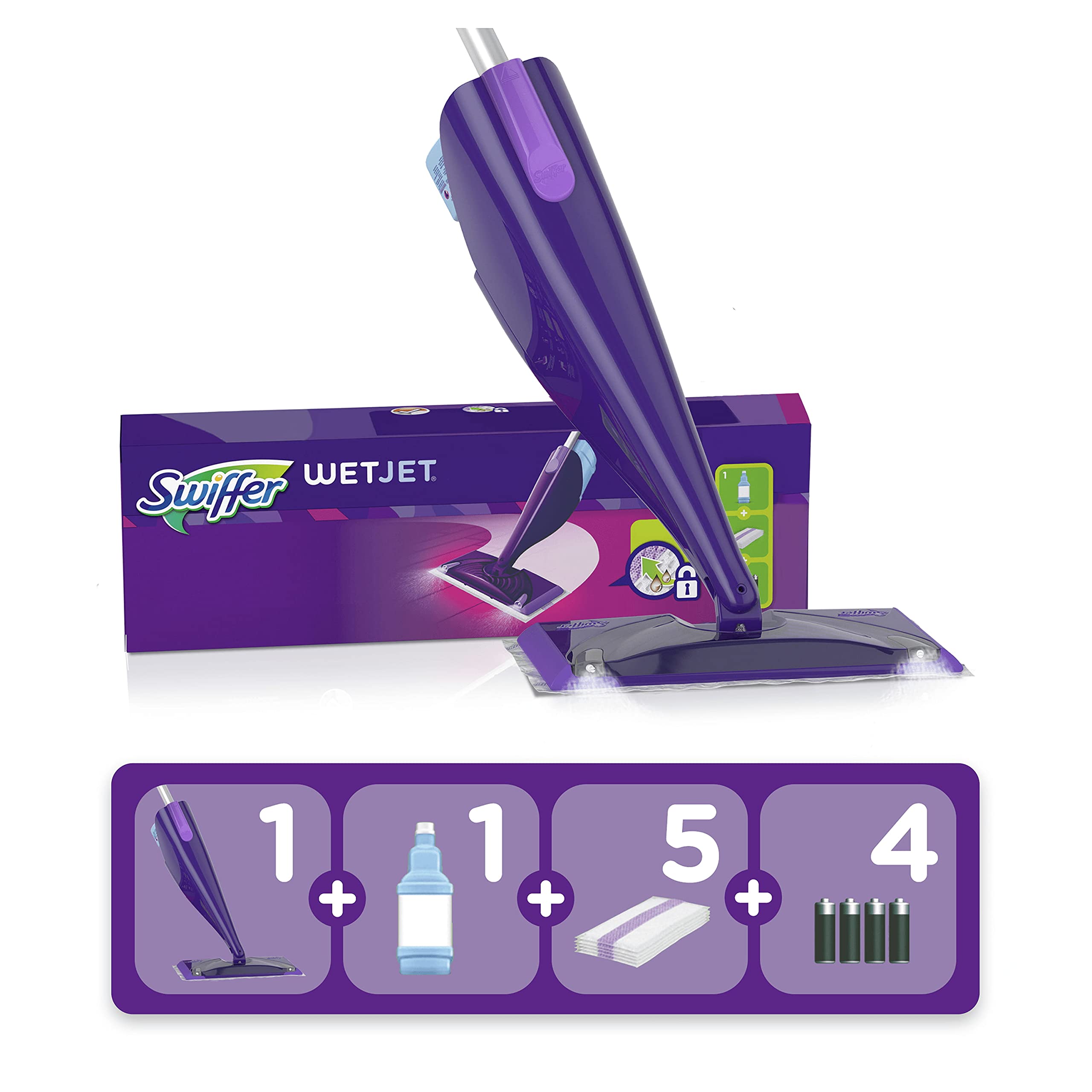 Swiffer WetJet Electric Floor Mop Starter Kit - Cordless Mop with Liquid Cleaning Solution, 5 Refill Pads & 4 Alkaline Batteries - Removes Dirt & Bacteria for All Floor Types - Perfect for Hardwood, Tile & Laminate Floors