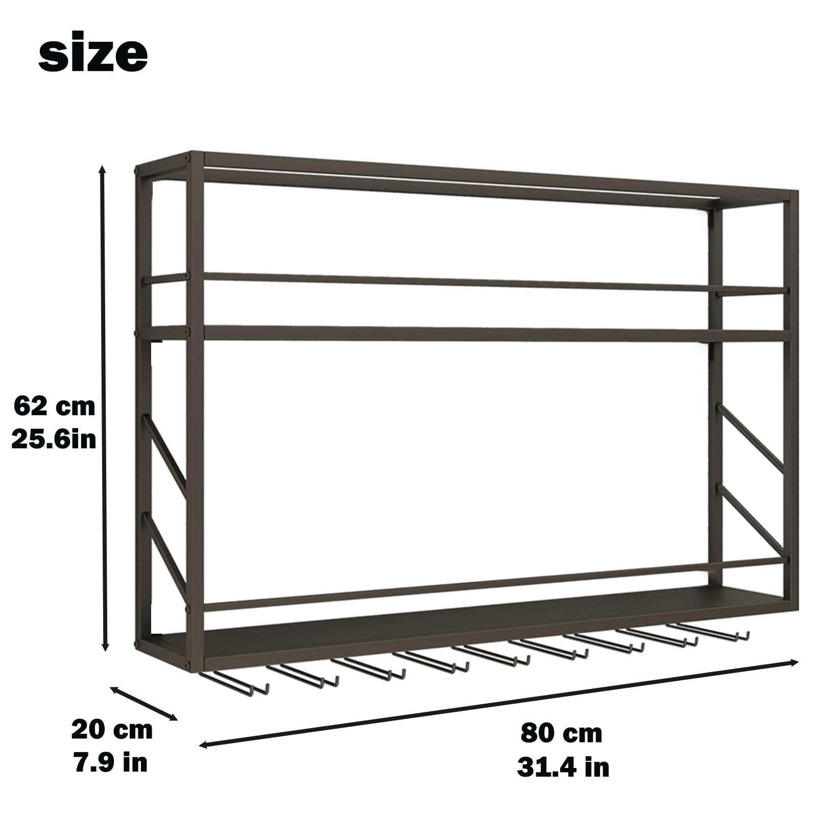 2-Tier Wall Mounted Wine Rack - Metal Bar Shelf with Glass Holder for Liquor Display | Space-Saving Storage Solution for Home Bar, Kitchen & Dining Room (31.4×7.8×26in) | Perfect for Entertaining Guests & Organizing Wine Collections