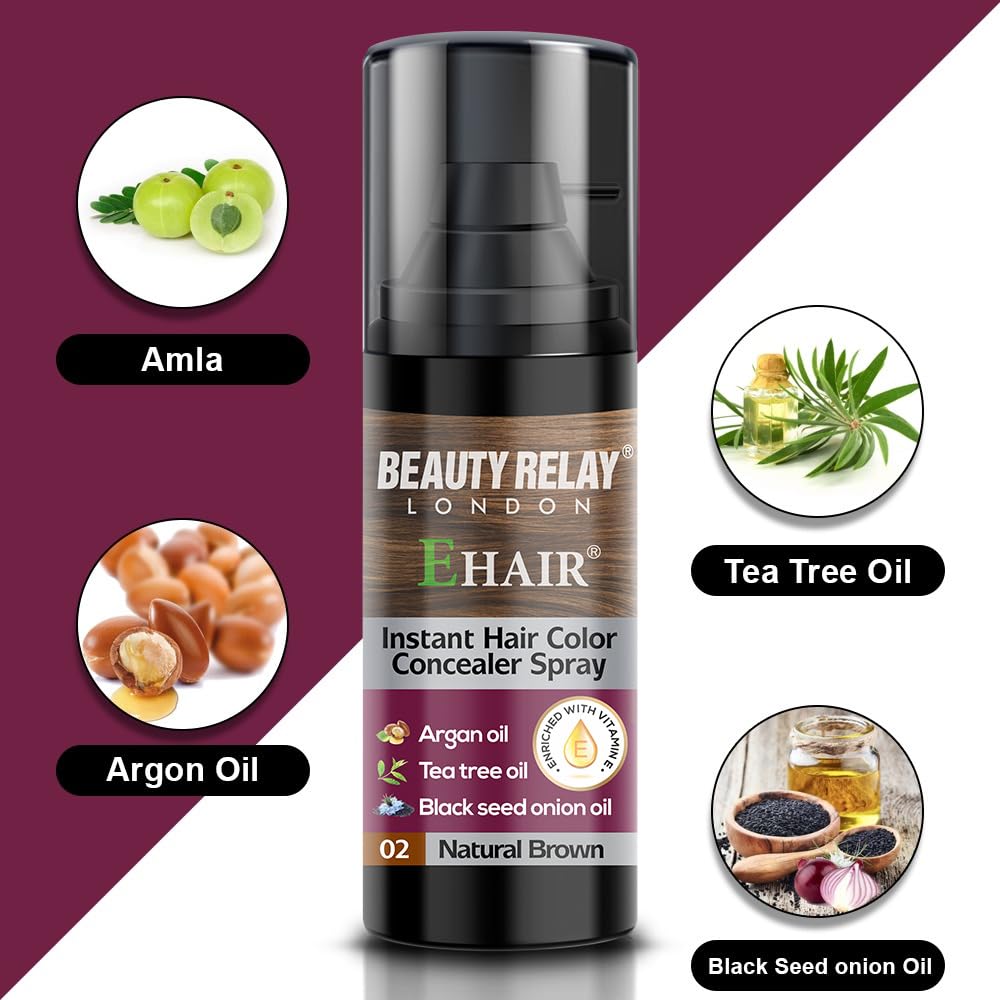 BEAUTYRELAY LONDON E Hair Ammonia-Free Natural Instant Hair Color Spray - Covers Gray & Black Hair Instantly, Easy to Use, Perfect Match & Blend for Brown Hair (1 Count) - Great for Touch-Ups, Root Coverage, and Quick Hair Color Fixes Between Salon Visits