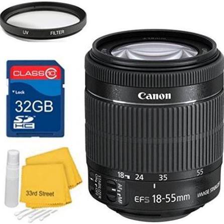 Canon EF-S 18-55mm f/3.5-5.6 IS STM Standard Zoom Lens Bundle with 32GB SD Card, UV Filter & Cleaning Kit for Canon T2 DSLR Camera - Perfect for Travel, Portrait & Everyday Photography