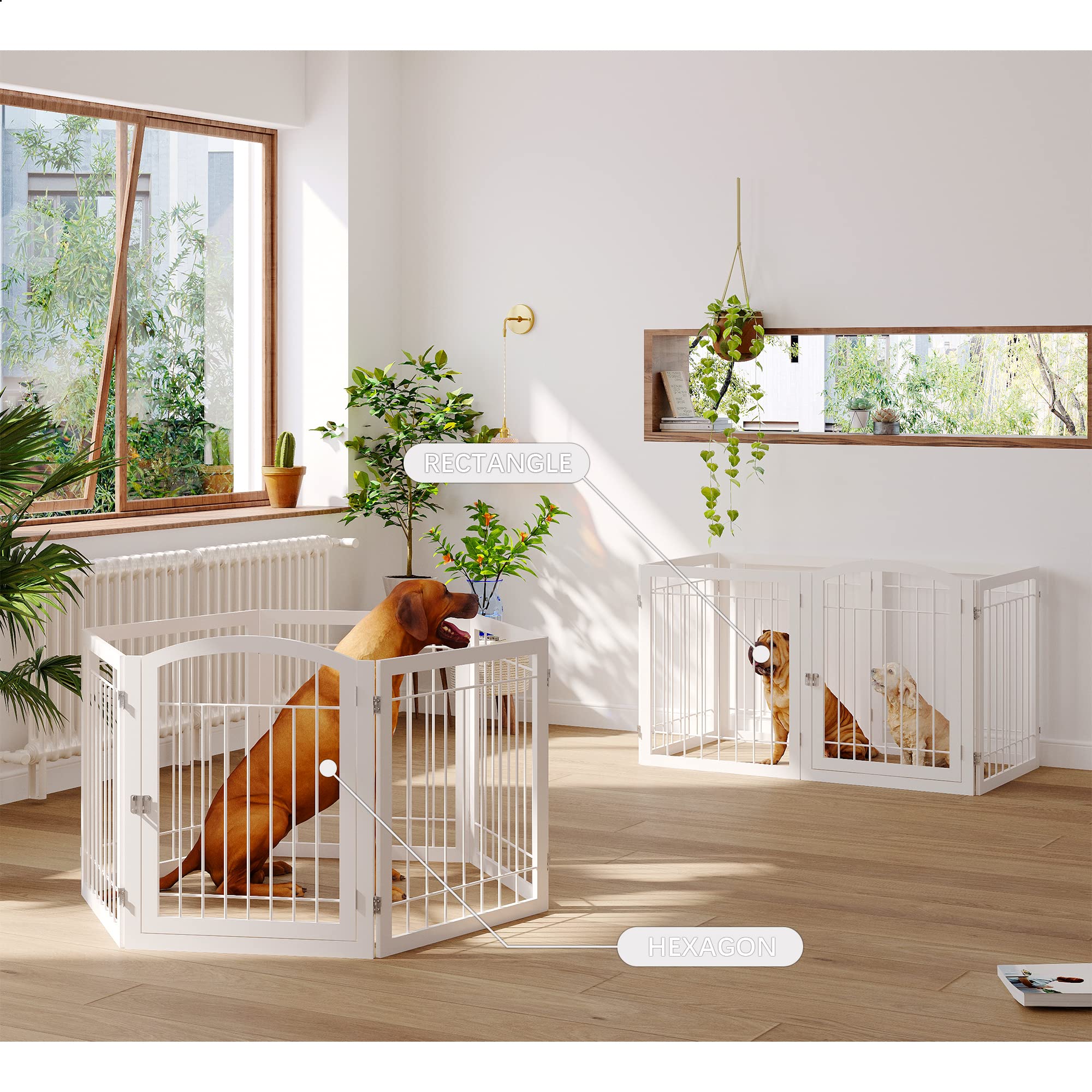 JSB 144-inch Extra Wide 30-inch Tall Freestanding Pet Gate with Walk-Through Door - White Dog Fence for Hallways, Stairs & Home Safety - Includes 2 Support Feet - Perfect for Puppies, Large Dogs & Multi-Pet Households
