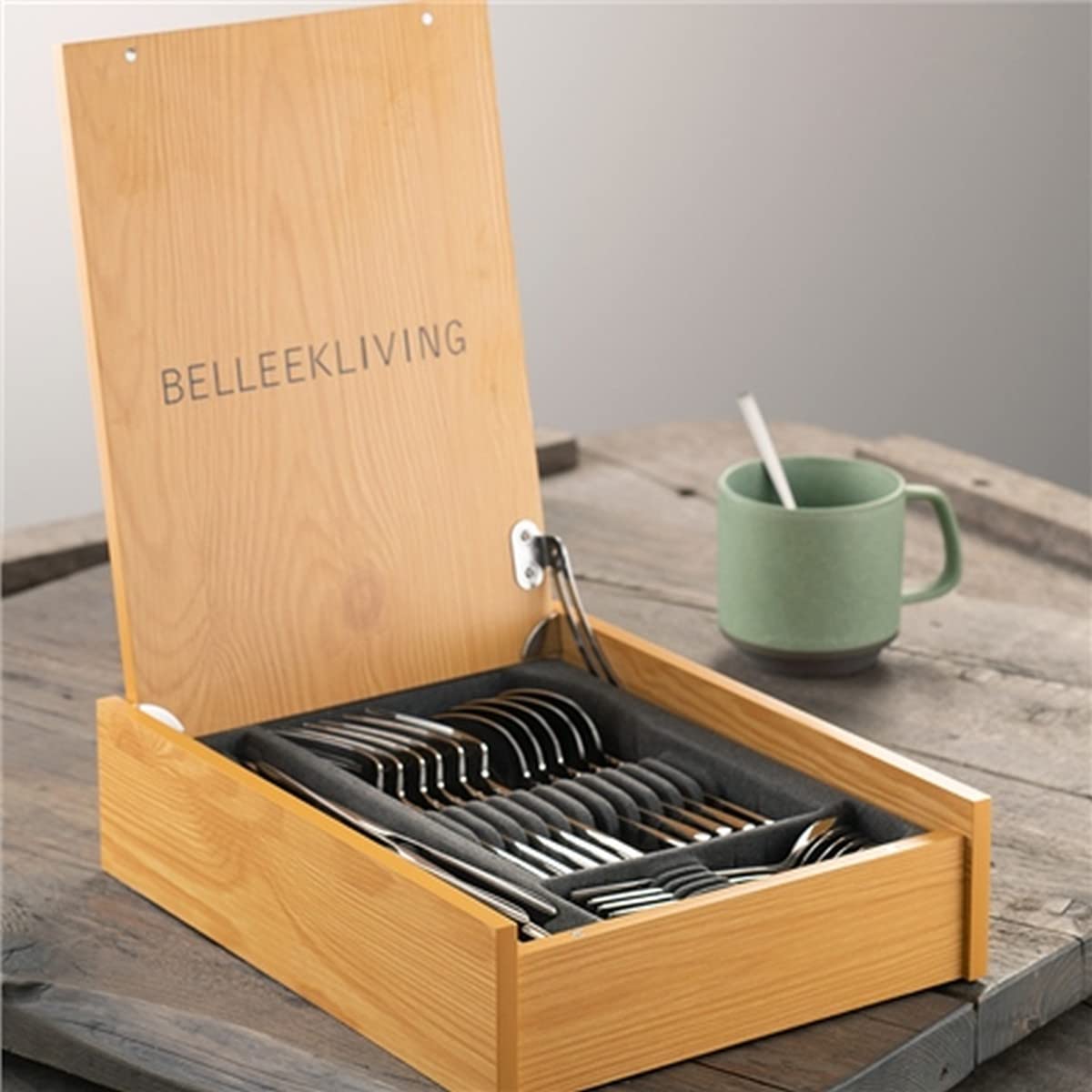 Belleek Reflection 24-Piece Stainless Steel Flatware Set - Premium 18/10 Cutlery Set with Wooden Organizer - Dishwasher Safe Silverware for Dinner Parties, Weddings & Everyday Dining