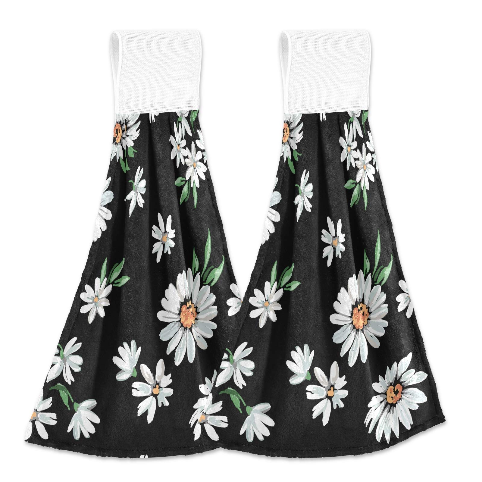 Premium Fast-Drying Hanging Kitchen Towels Set of 2 - White Daisy Flower Black Absorbent Dish Cloths for Kitchen & Bathroom | Perfect for Drying Dishes, Wiping Countertops & Hand Drying