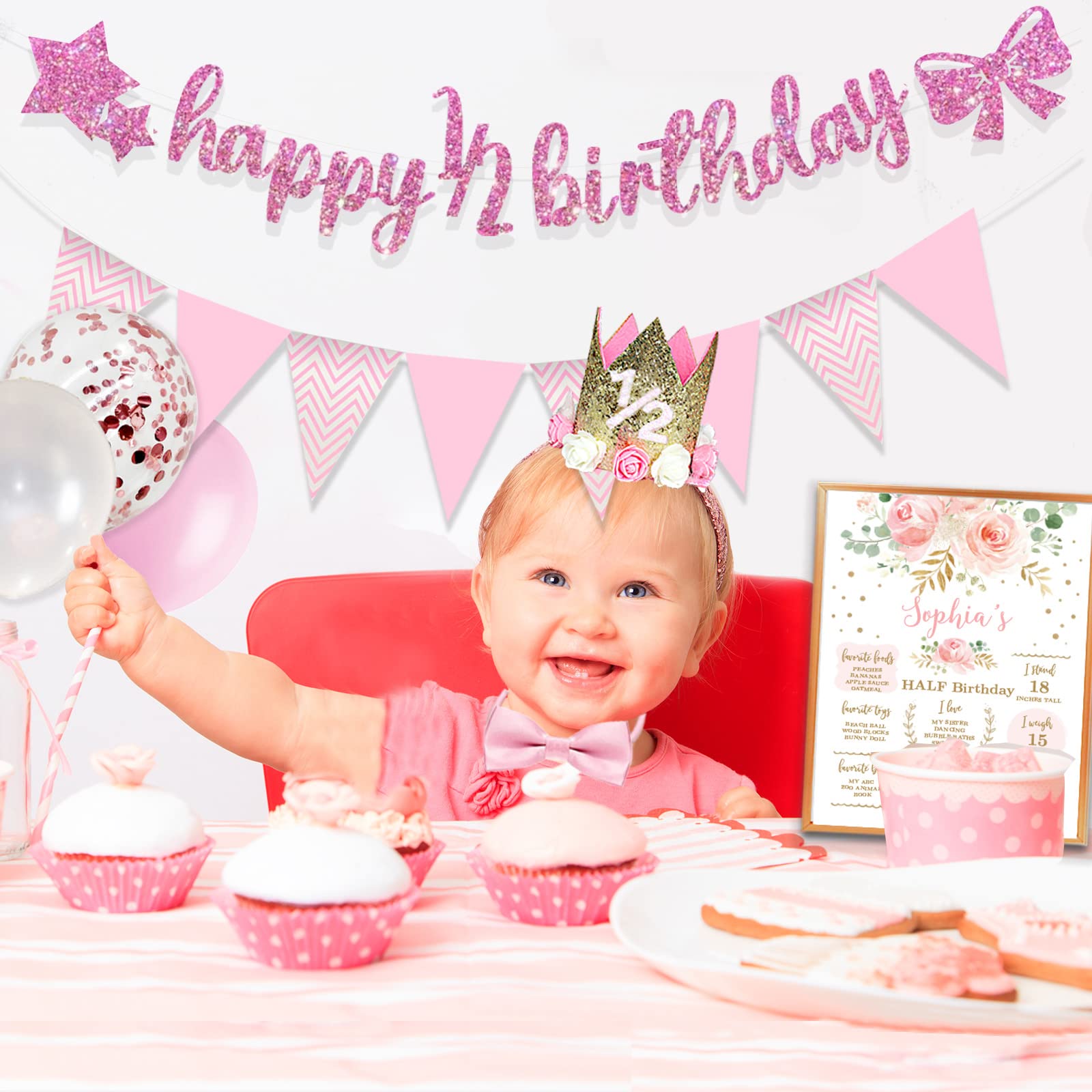 Pink Rose Gold Glitter Half Birthday Banner & Triangle Flag Decorations for Baby Girl - 6 Months & 12 Months Birthday Party Supplies, Includes Birthday Hat - Perfect for First Half Birthday Celebrations, Photo Backdrops & Milestone Parties
