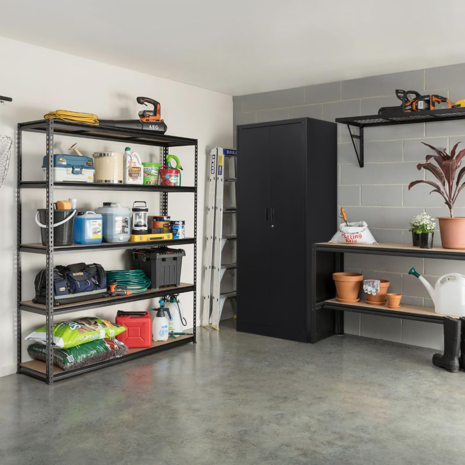 Heavy Duty Metal Storage Cabinet with Locking Doors & 5 Adjustable Shelves - Black Garage Cabinet for Office, Classroom, Warehouse Organization - Perfect for Tool Storage, School Supplies & Industrial Use