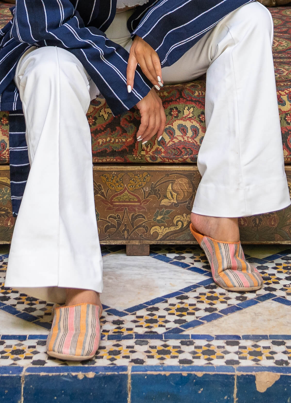 Margot Linen Babouche Slippers for Women - Comfortable Tangerine Striped House Shoes | Perfect for Home, Lounge & Indoor Use