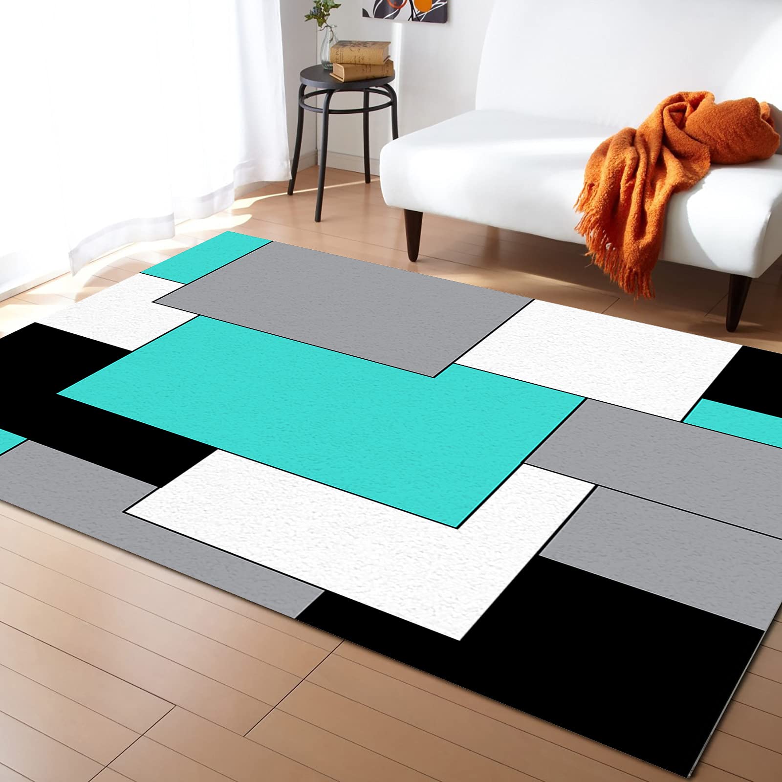 Non-Slip 5x8 ft Teal Black Geometric Area Rug - Abstract Color Block Design with Rubber Backing for Living Room, Entryway & Home Decor | Indoor Floor Mat for Modern Spaces